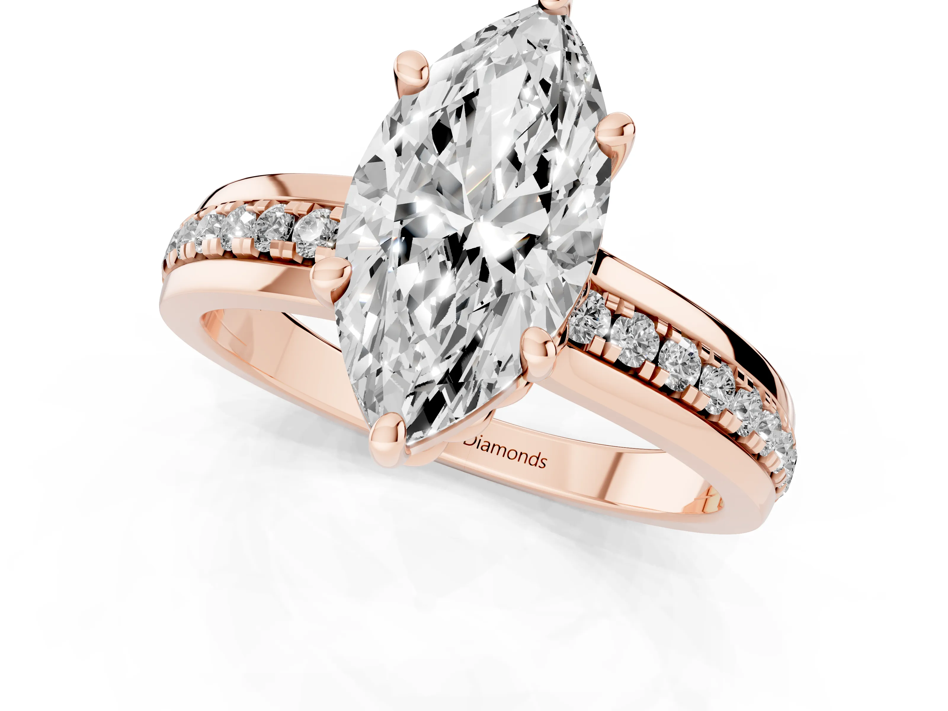 Marquise Cut Diamond Solitaire Ring Set in Rose gold with Channel Set Band and Prong Setting
