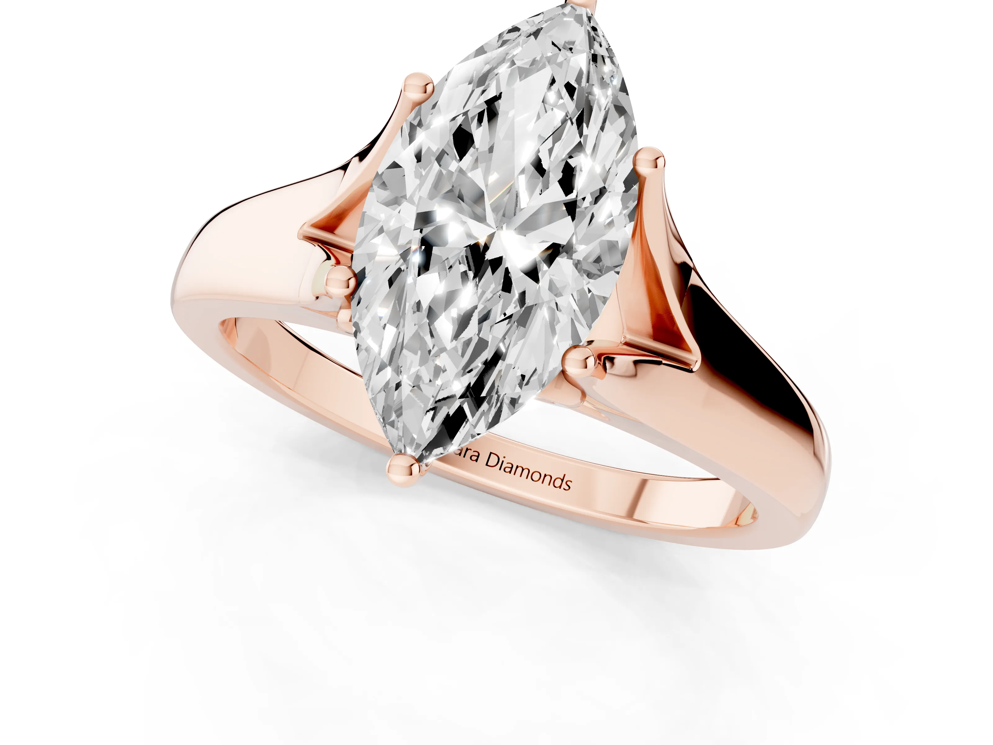 Marquise Cut Diamond Solitaire Ring Set in Rose gold with Arched Cathedral Band and Prong Setting