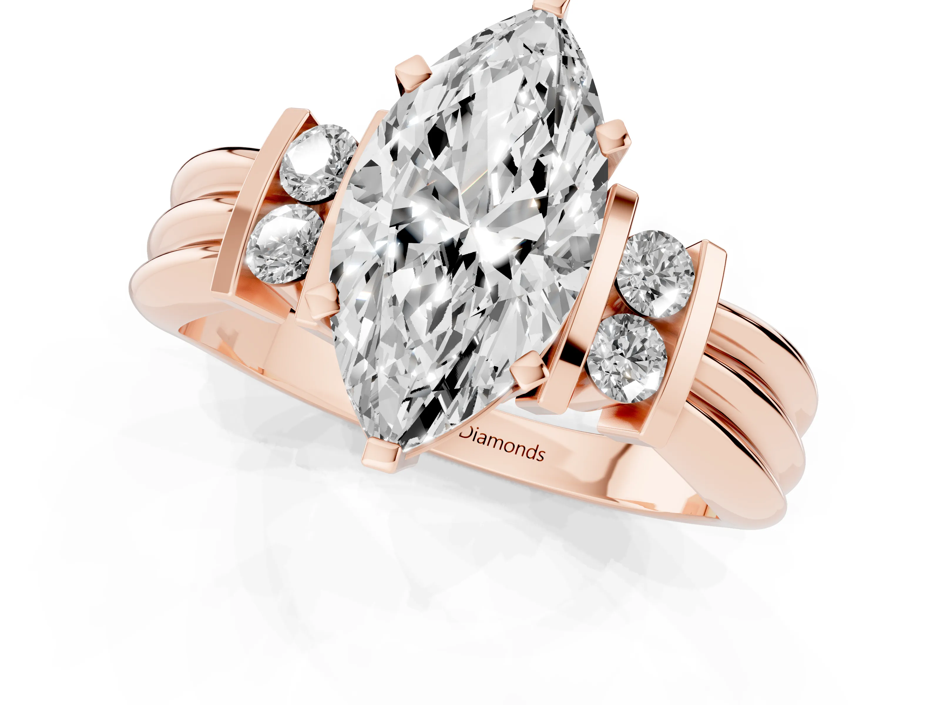 Three-Stone Marquise Cut Diamond Channel Set Ring Set in Rose gold with Bar Prongs