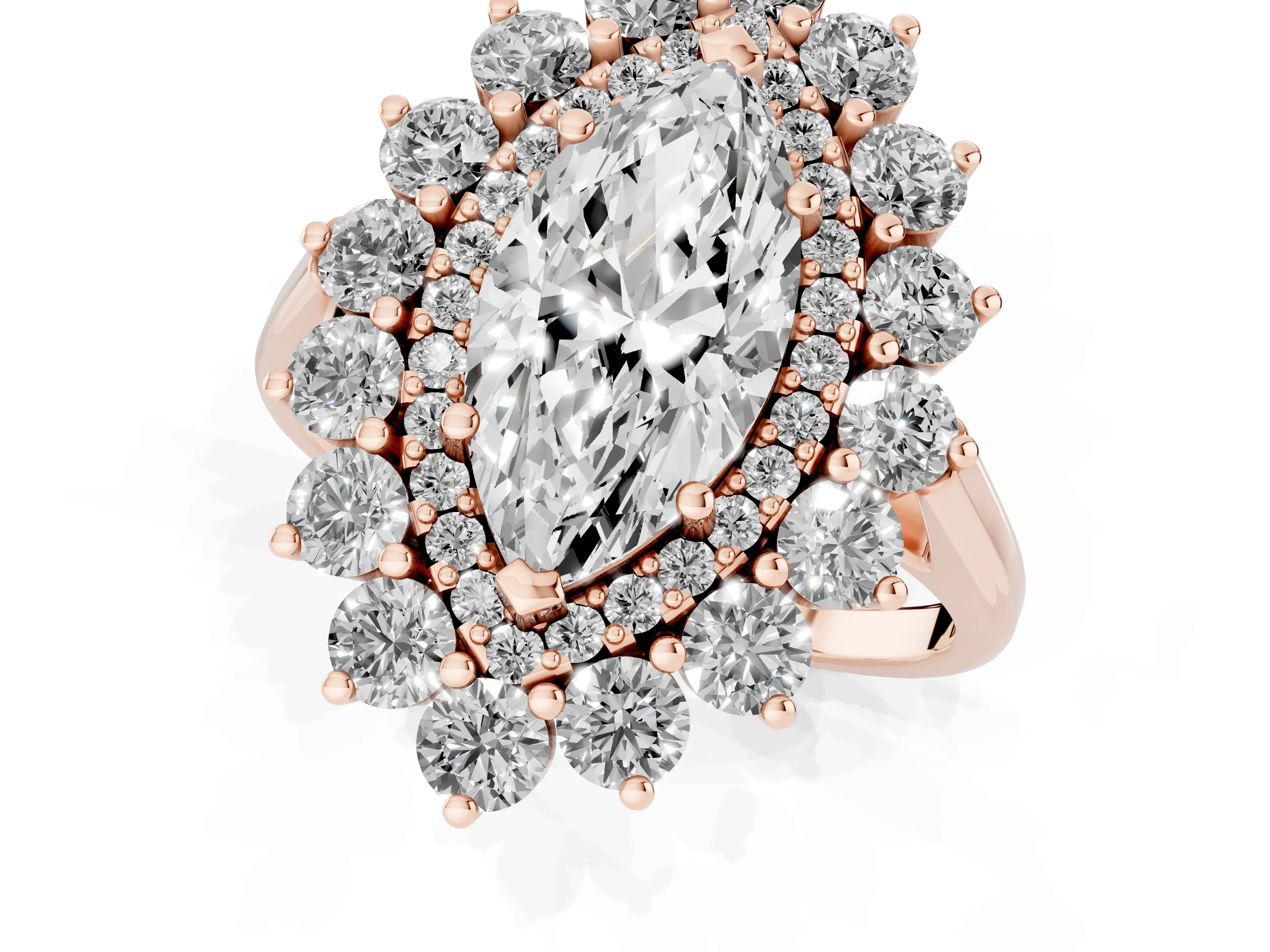 Marquise Cut Diamond Floral Double Halo Ring Set in Rose gold with Round Petals