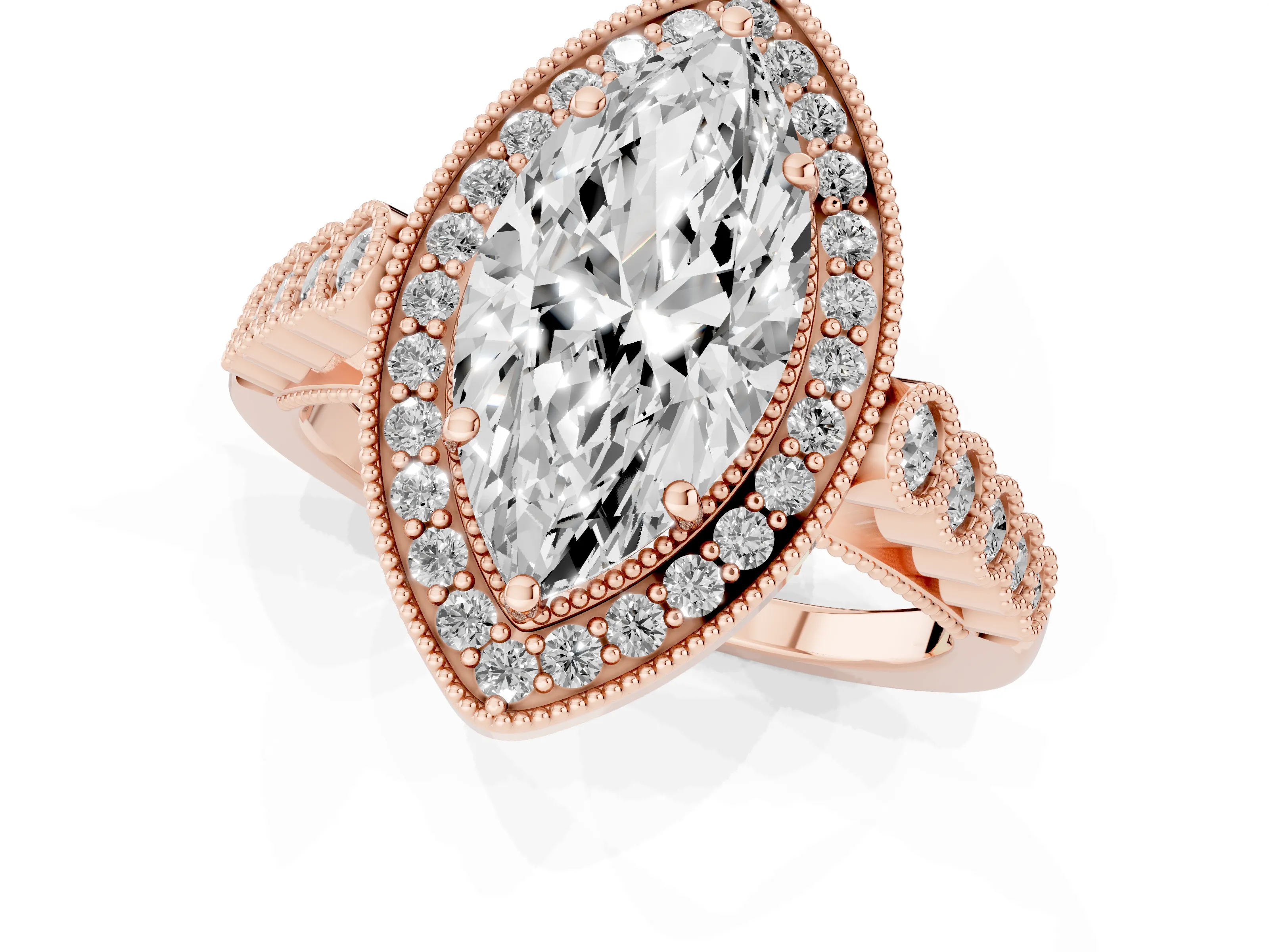 Marquise Cut Diamond Milgrain Halo Solitaire Ring Set in Rose gold with Bezel Set Side Stones and Pavé Band