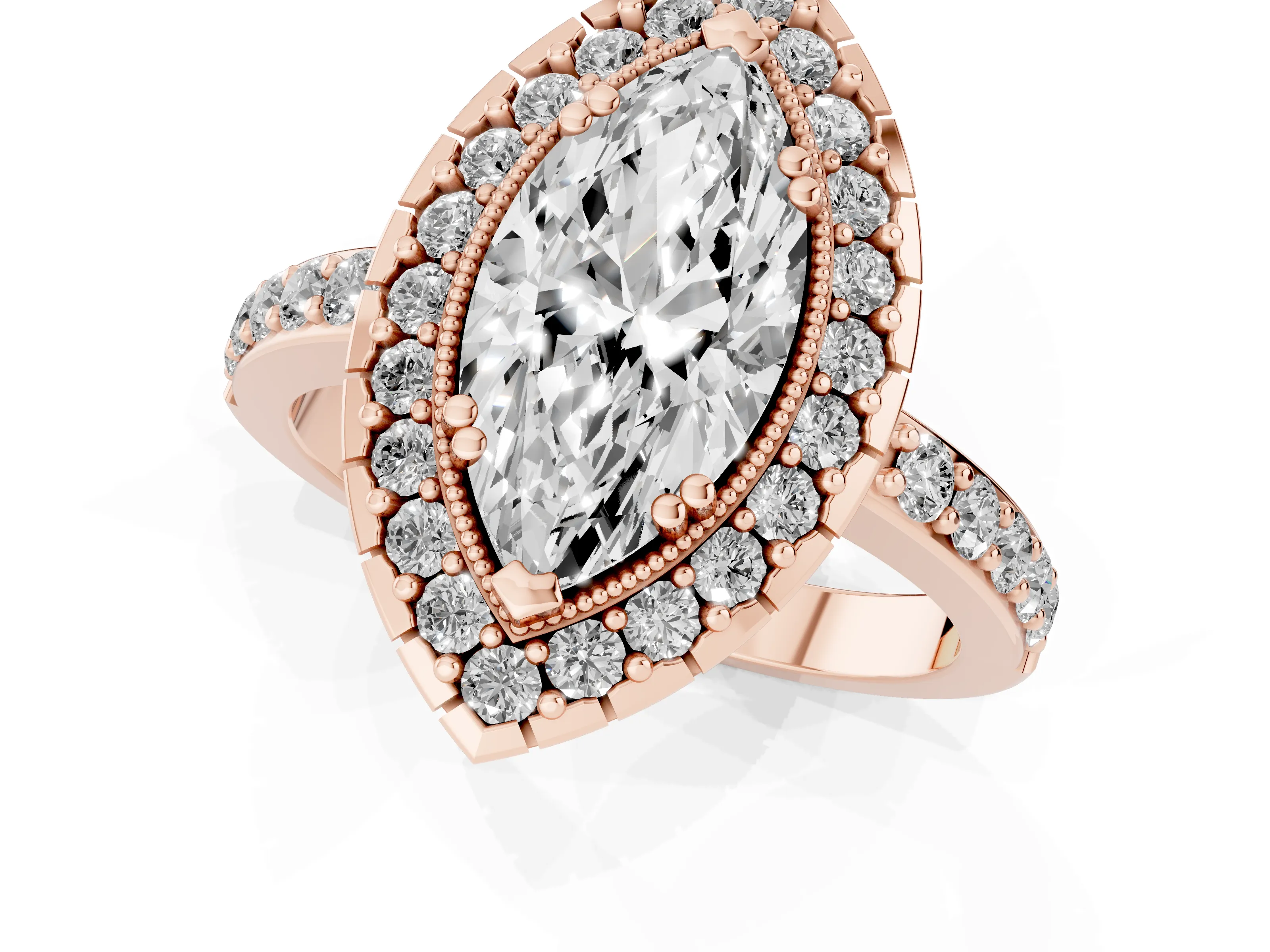 Marquise Cut Diamond Halo Ring Set in Rose gold with Pavé Shank and Prong Setting