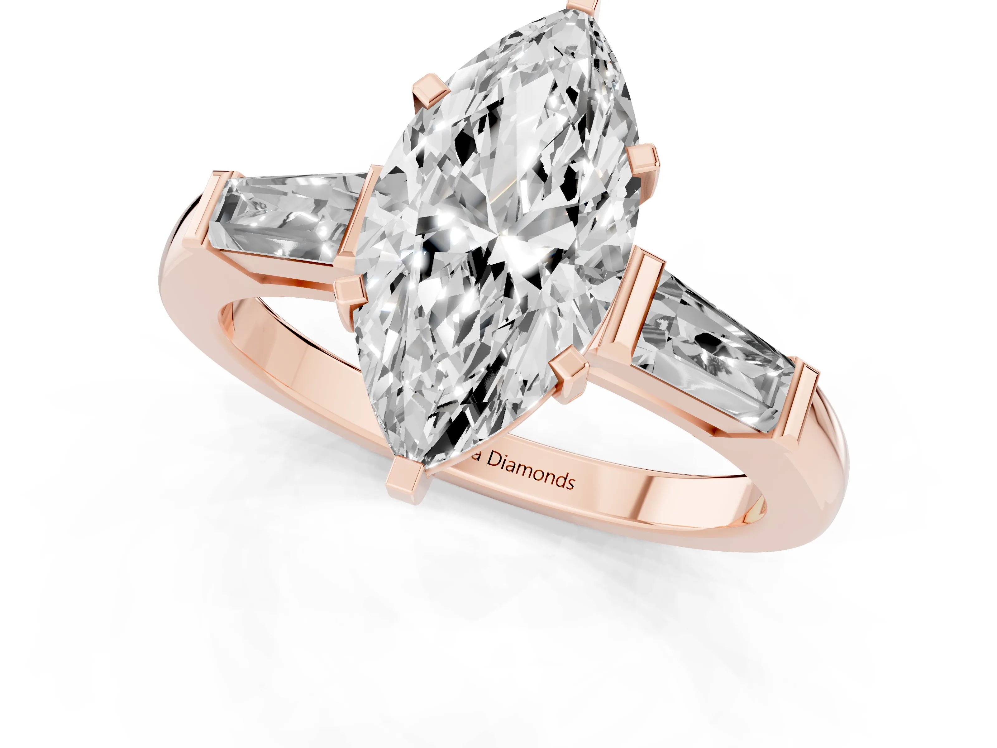 Marquise Cut Diamond Solitaire Ring Set in Rose gold with Tapered Baguette Side Stones and Prong Setting