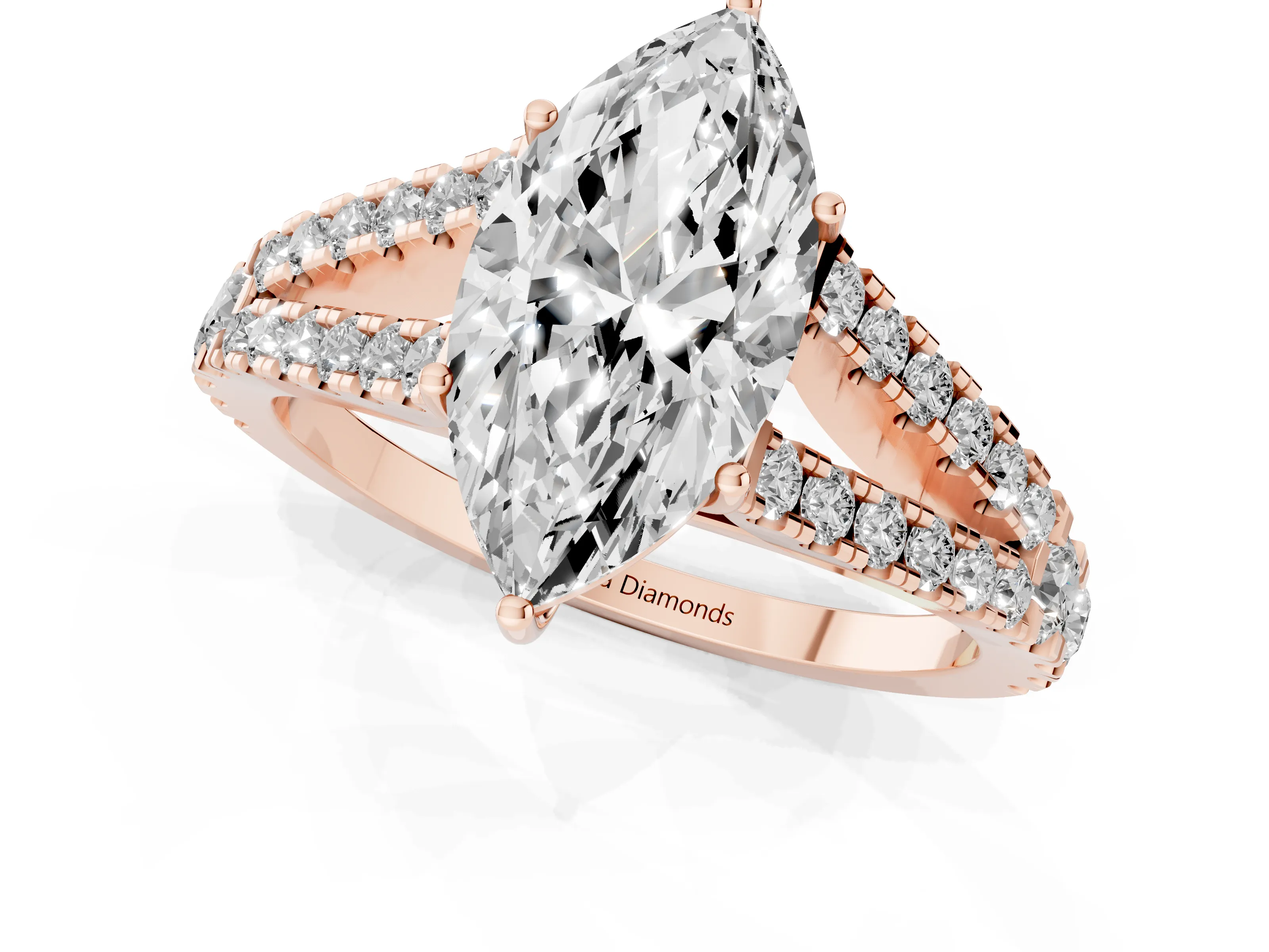 Marquise Cut Diamond Split Shank Pavé Engagement Ring Set in Rose gold with Prong-Held Center Stone