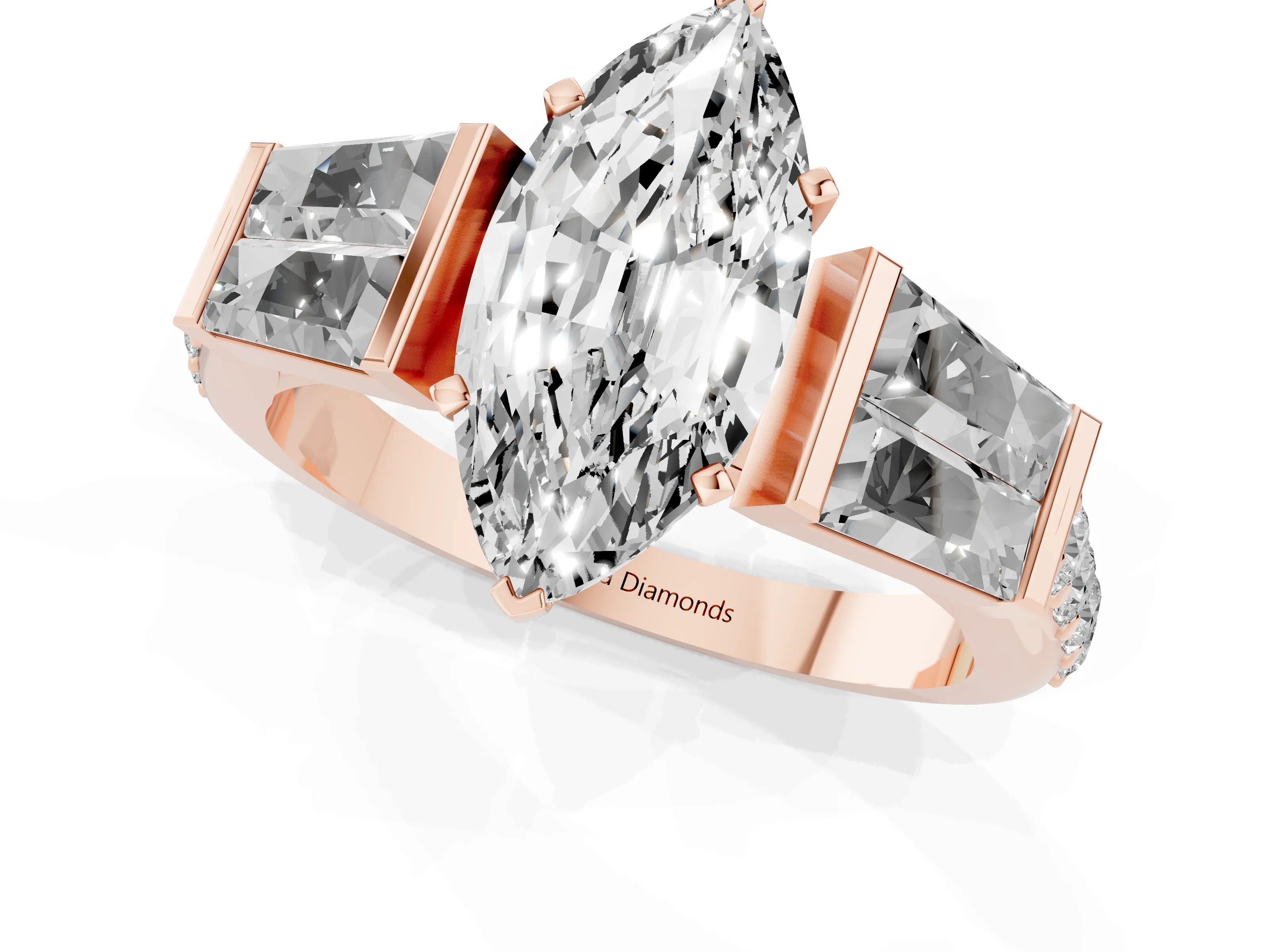 Marquise Cut Diamond Engagement Ring Set in Rose gold with Baguette Side Stones and Channel Set Band