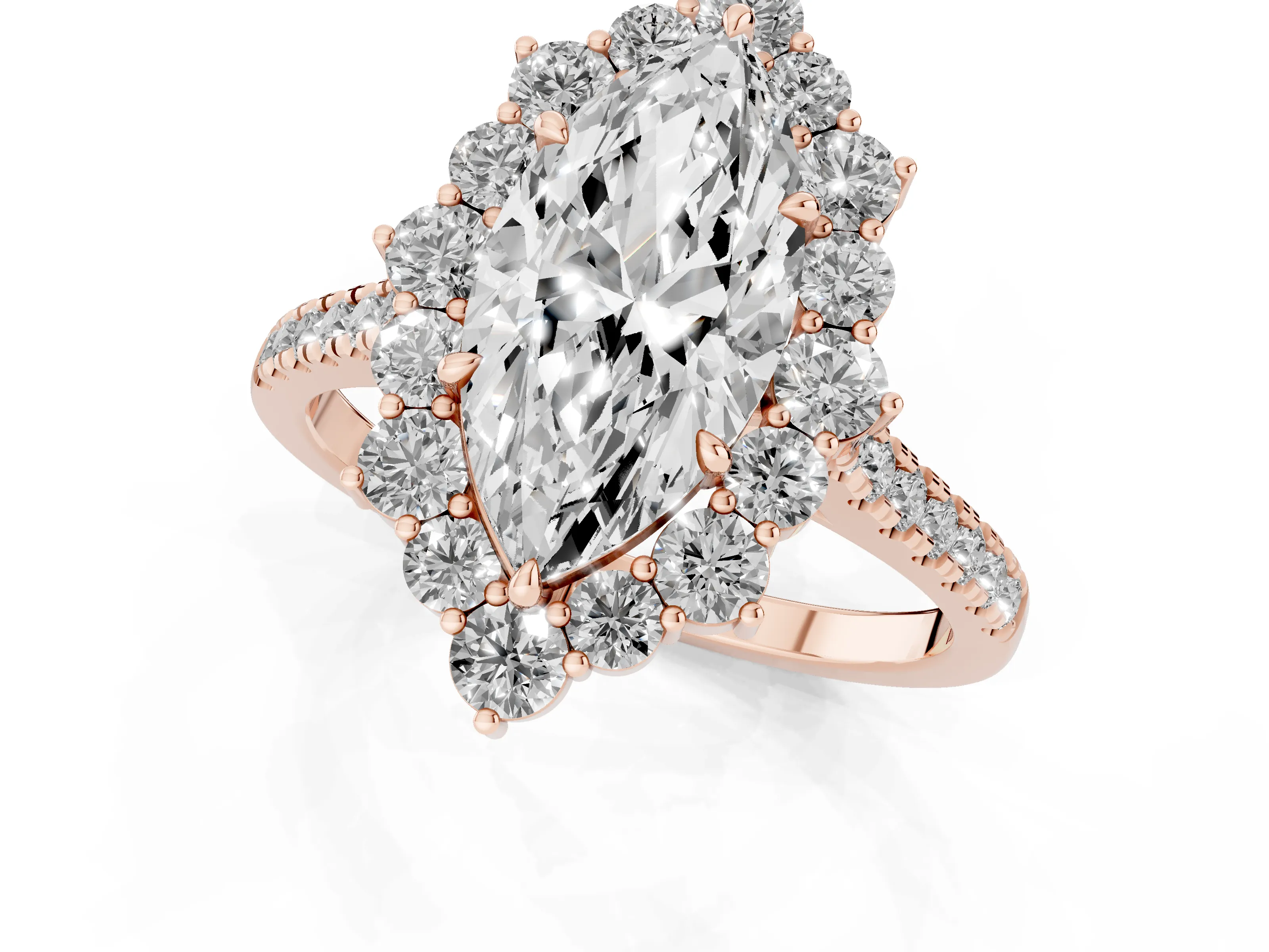 Marquise Cut Diamond Halo Ring Set in Rose gold with Pavé Band and Prong Setting