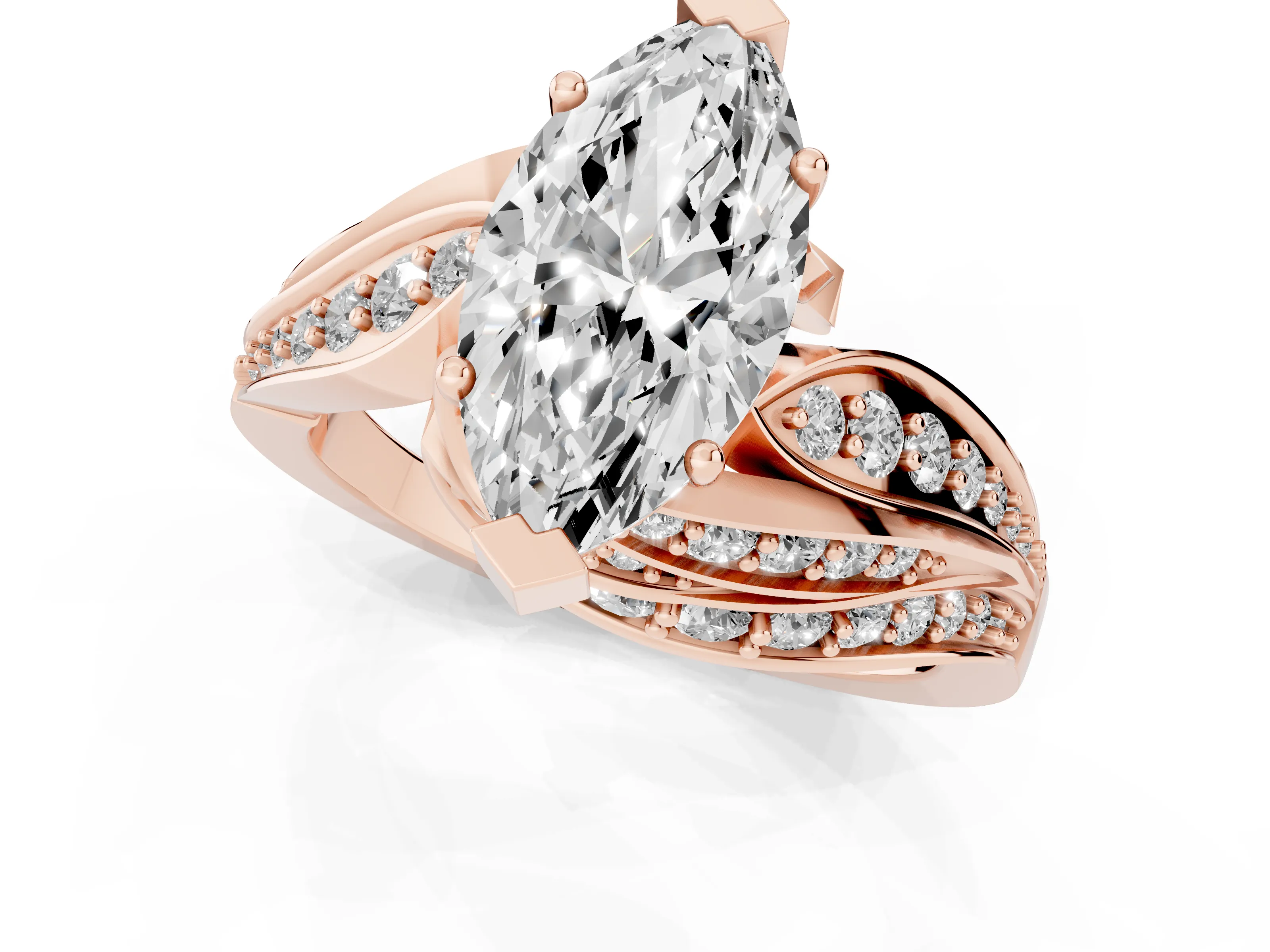 Marquise Cut Diamond Solitaire Ring Set in Rose gold with Layered Twist Pavé Band