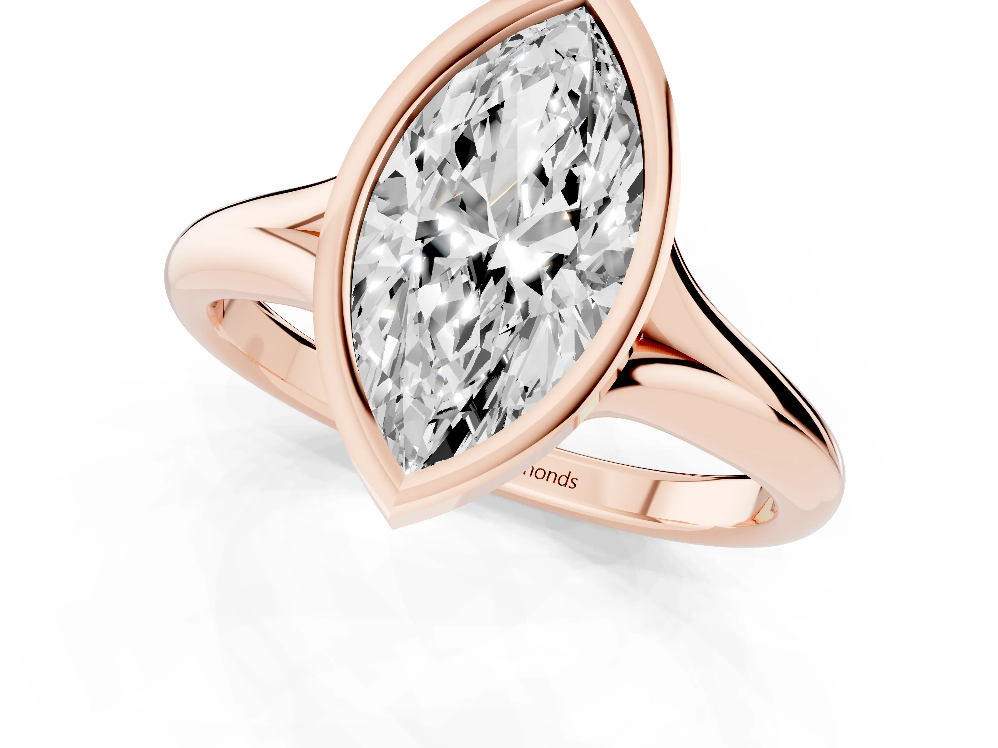 Bezel Set Marquise Cut Diamond Solitaire Ring Set in Rose gold with Smooth Band