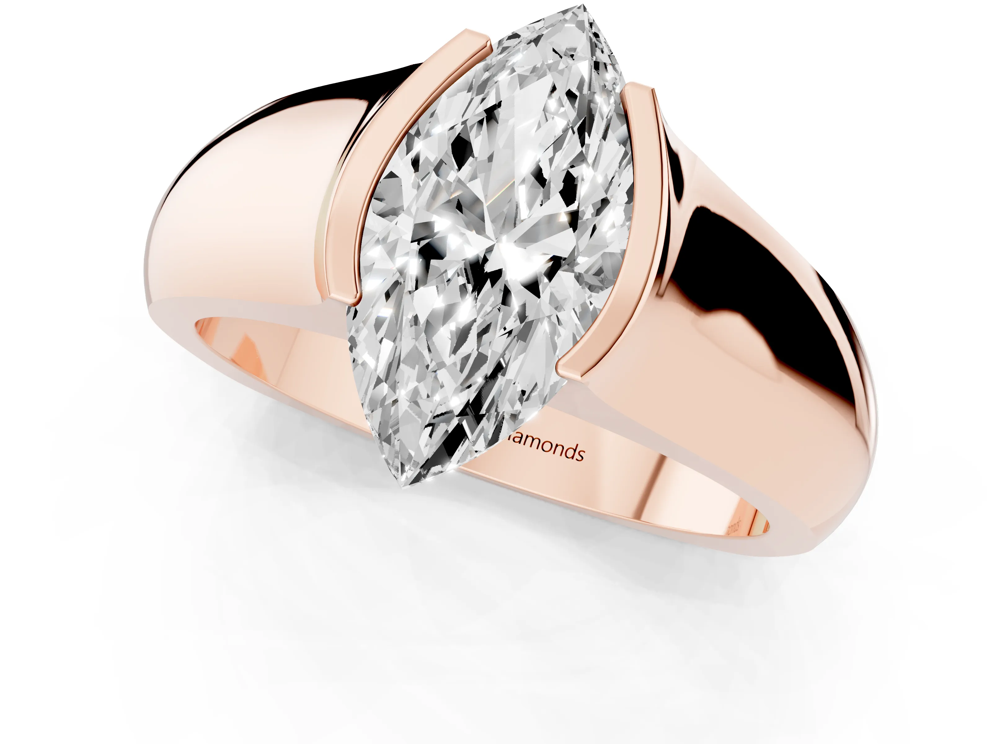Marquise Cut Diamond Bezel Solitaire Ring Set in Rose gold with Wide Band
