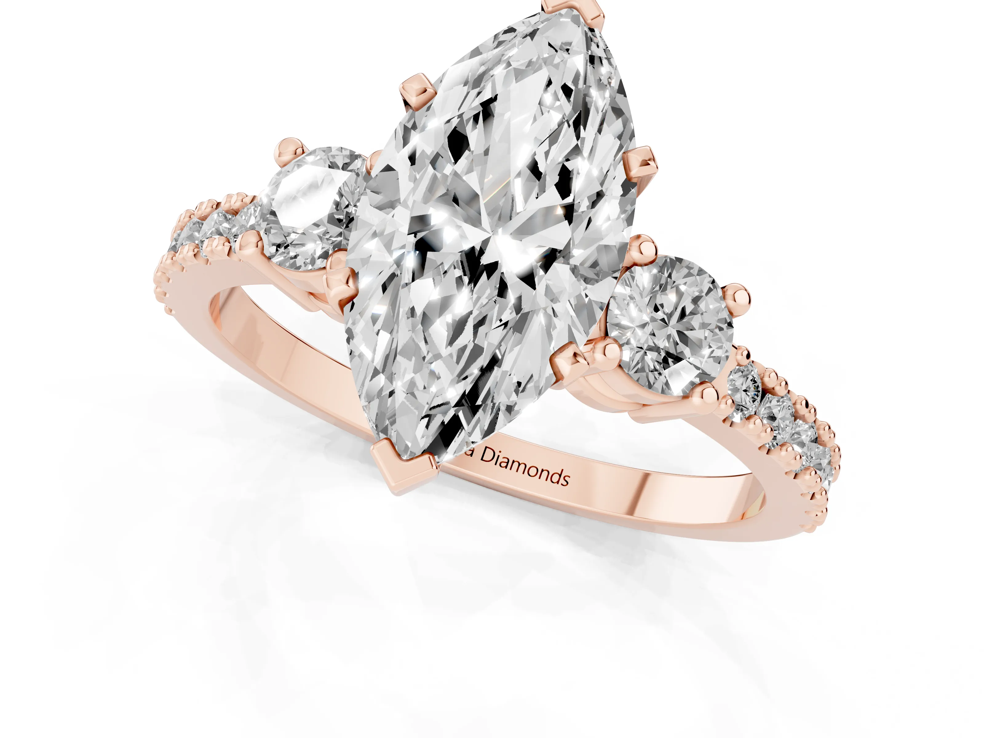 Three-Stone Marquise Cut Diamond Pavé Band Ring Set in Rose gold with Prong Setting