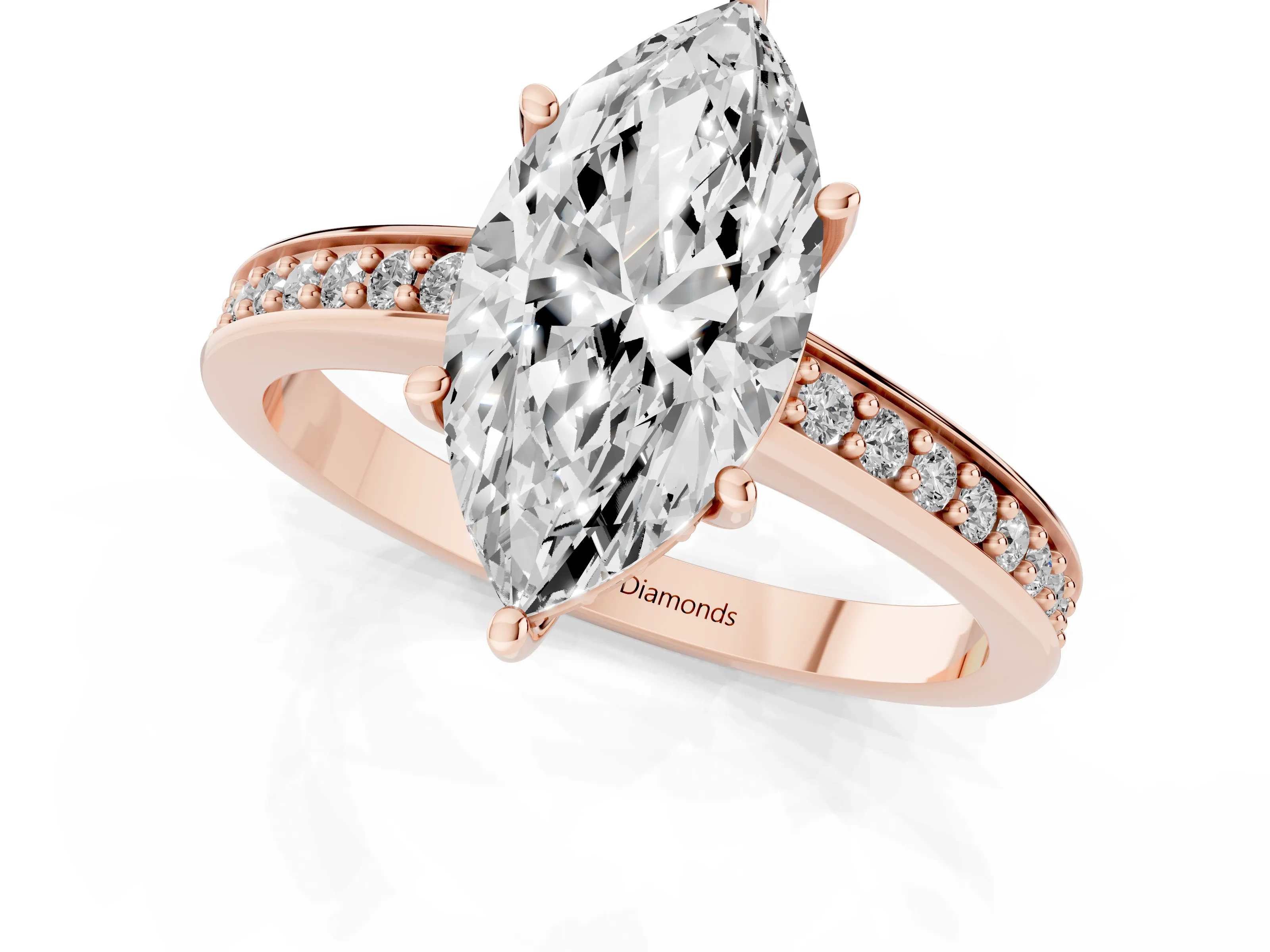 Marquise Cut Diamond Pavé Band Prong Set Solitaire Ring Set in Rose gold