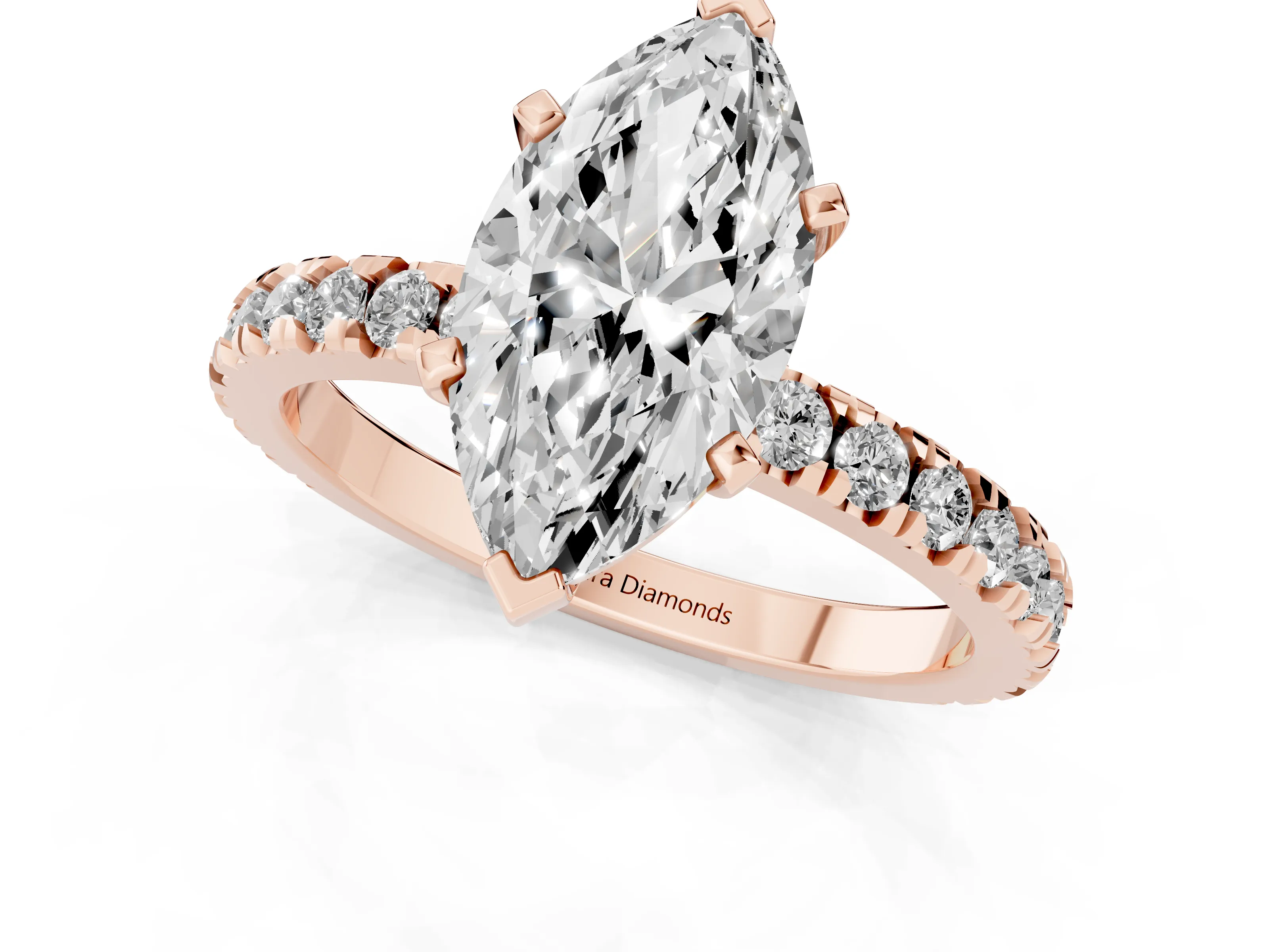 Marquise Cut Diamond Pavé Band Solitaire Set in Rose gold with Prong Setting