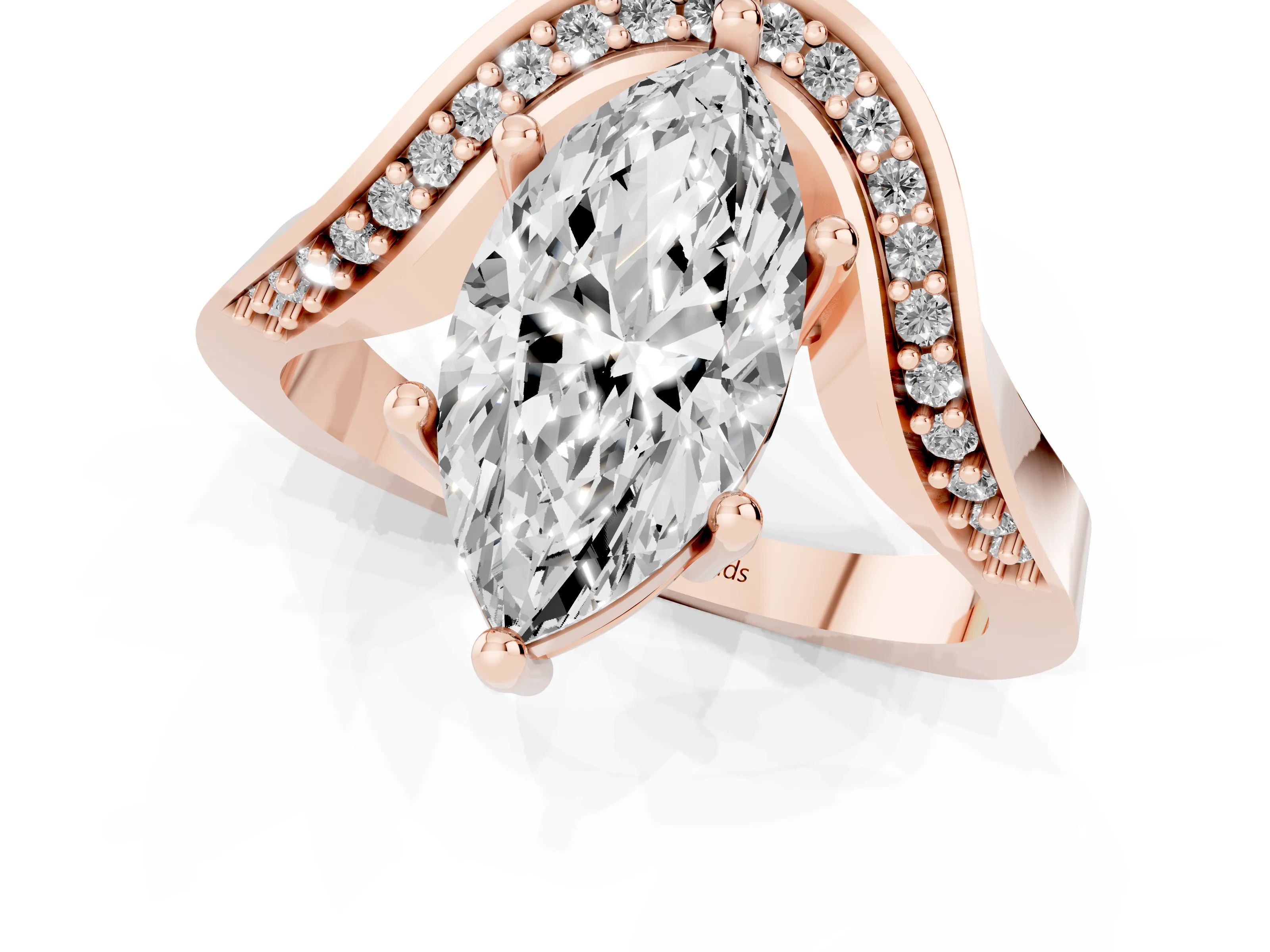 Marquise Cut Diamond Solitaire Engagement Ring Set in Rose gold with Pavé Shoulders