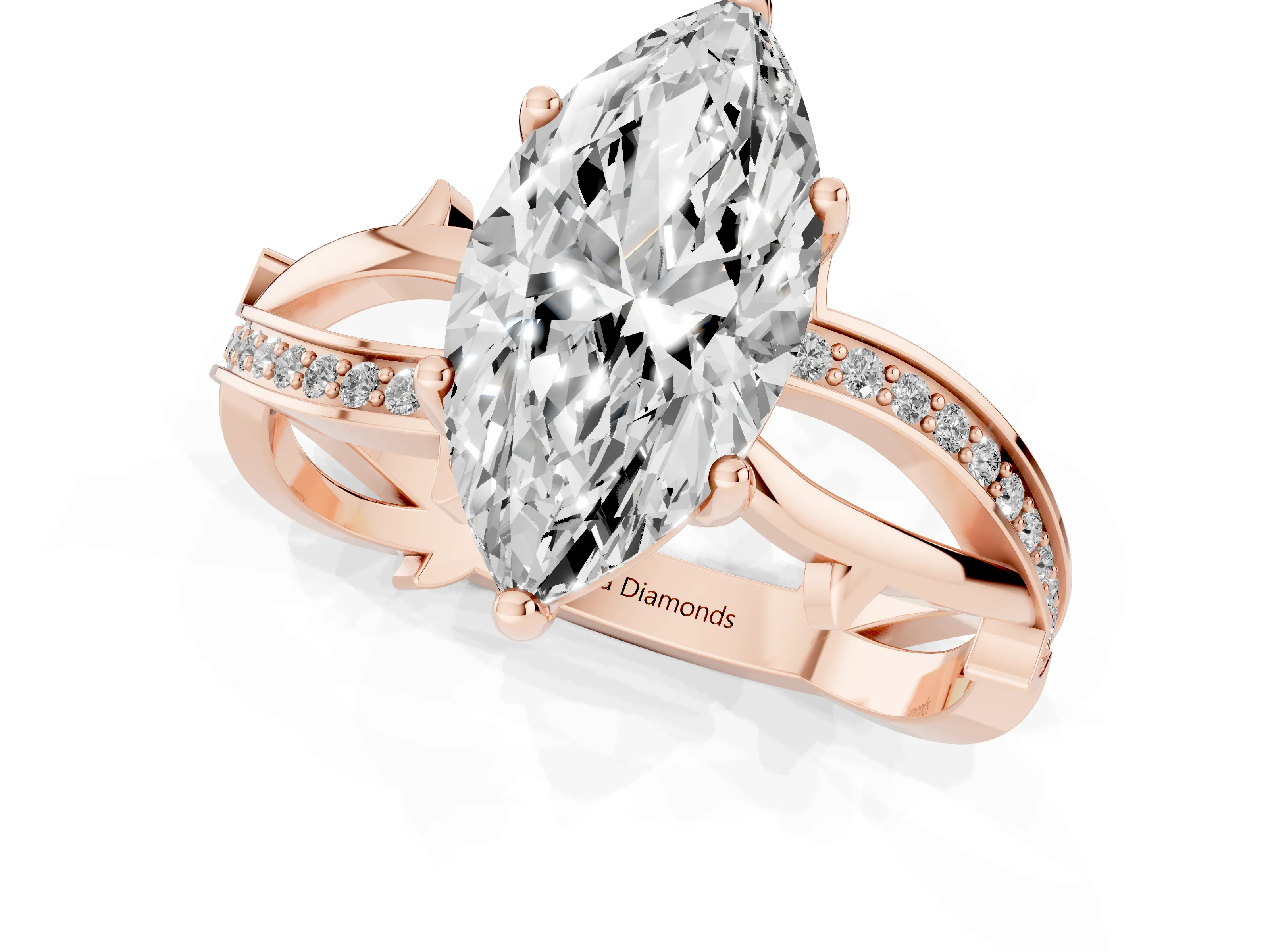 Marquise Cut Diamond Pavé Twist Band Solitaire Ring Set in Rose gold with Prong Setting