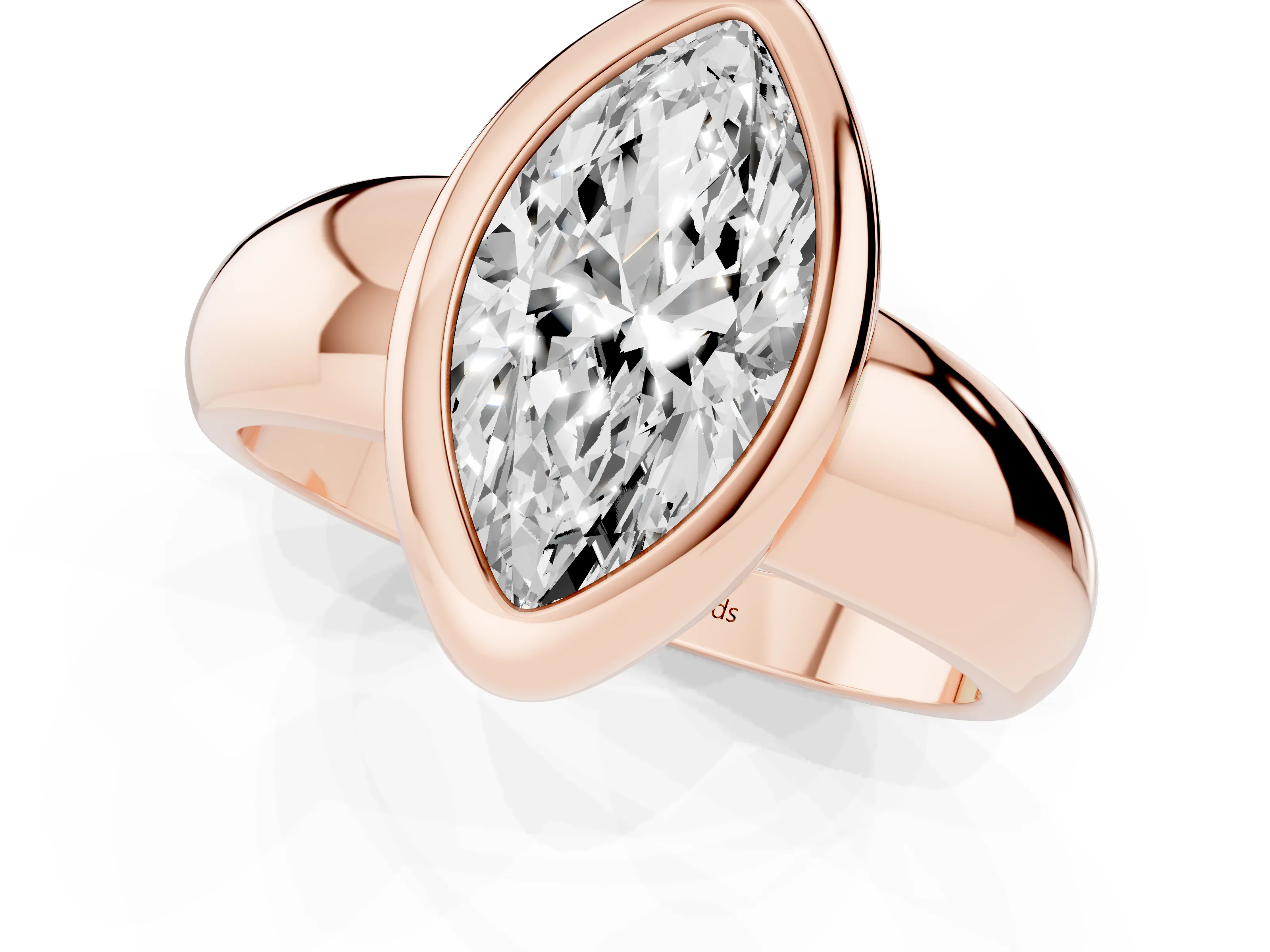 Bezel Set Marquise Cut Diamond Solitaire Ring Set in Rose gold with Wide Band