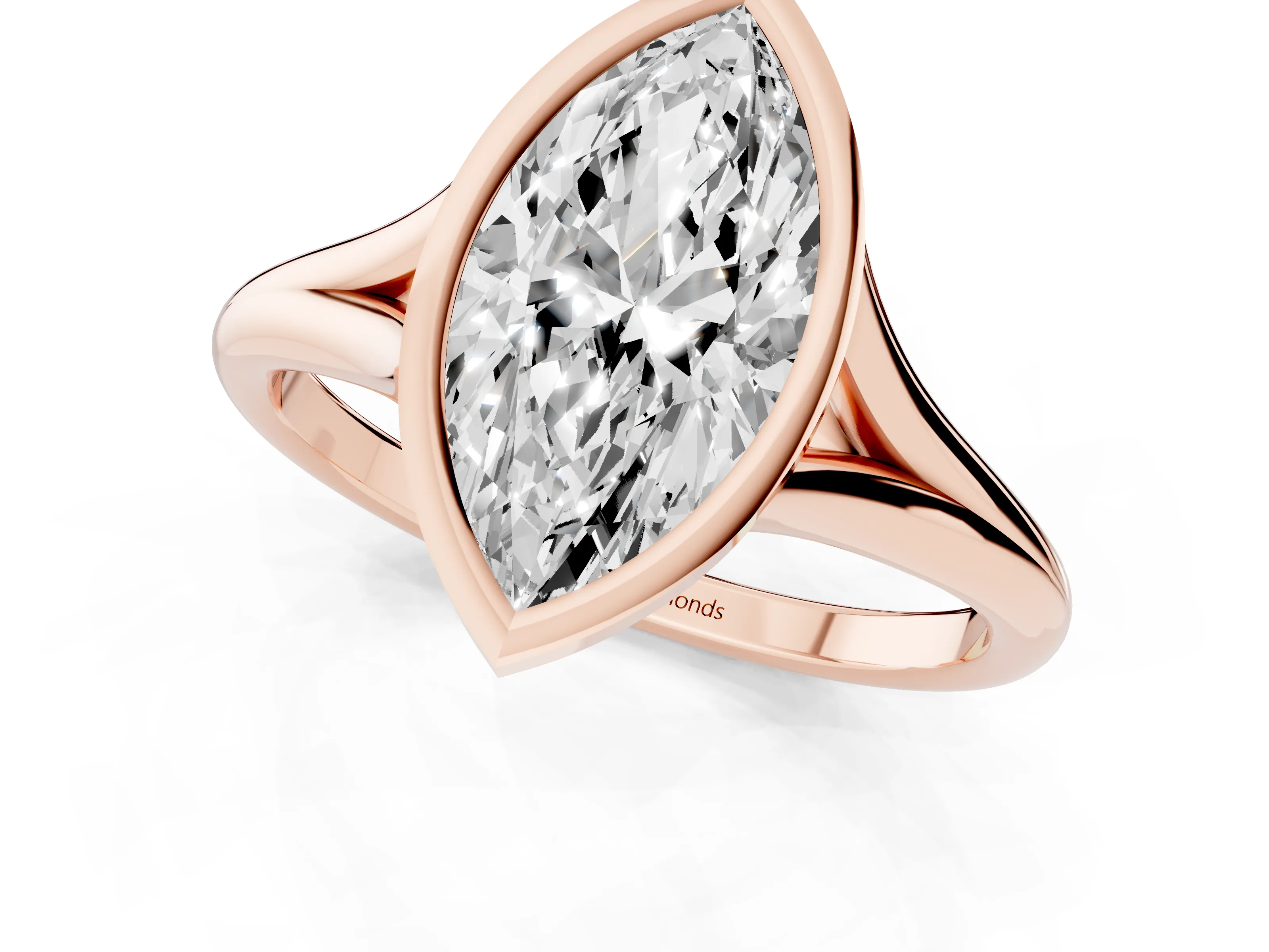 Bezel Set Marquise Cut Diamond Solitaire Ring Set in Rose gold with Tapered Band