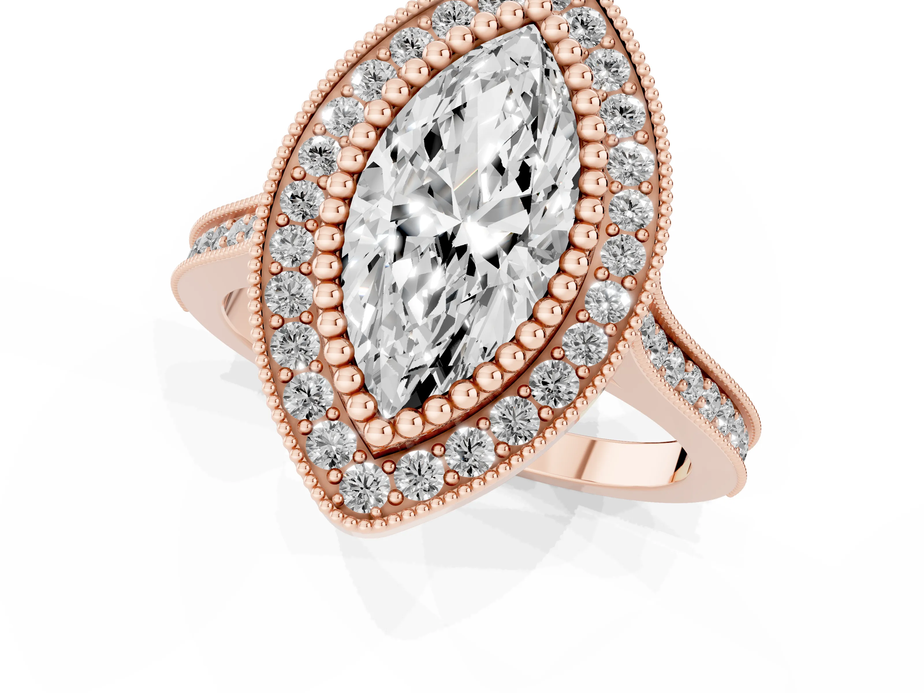 Marquise Cut Diamond Halo Ring Set in Rose gold with Milgrain Frame and Pavé Band