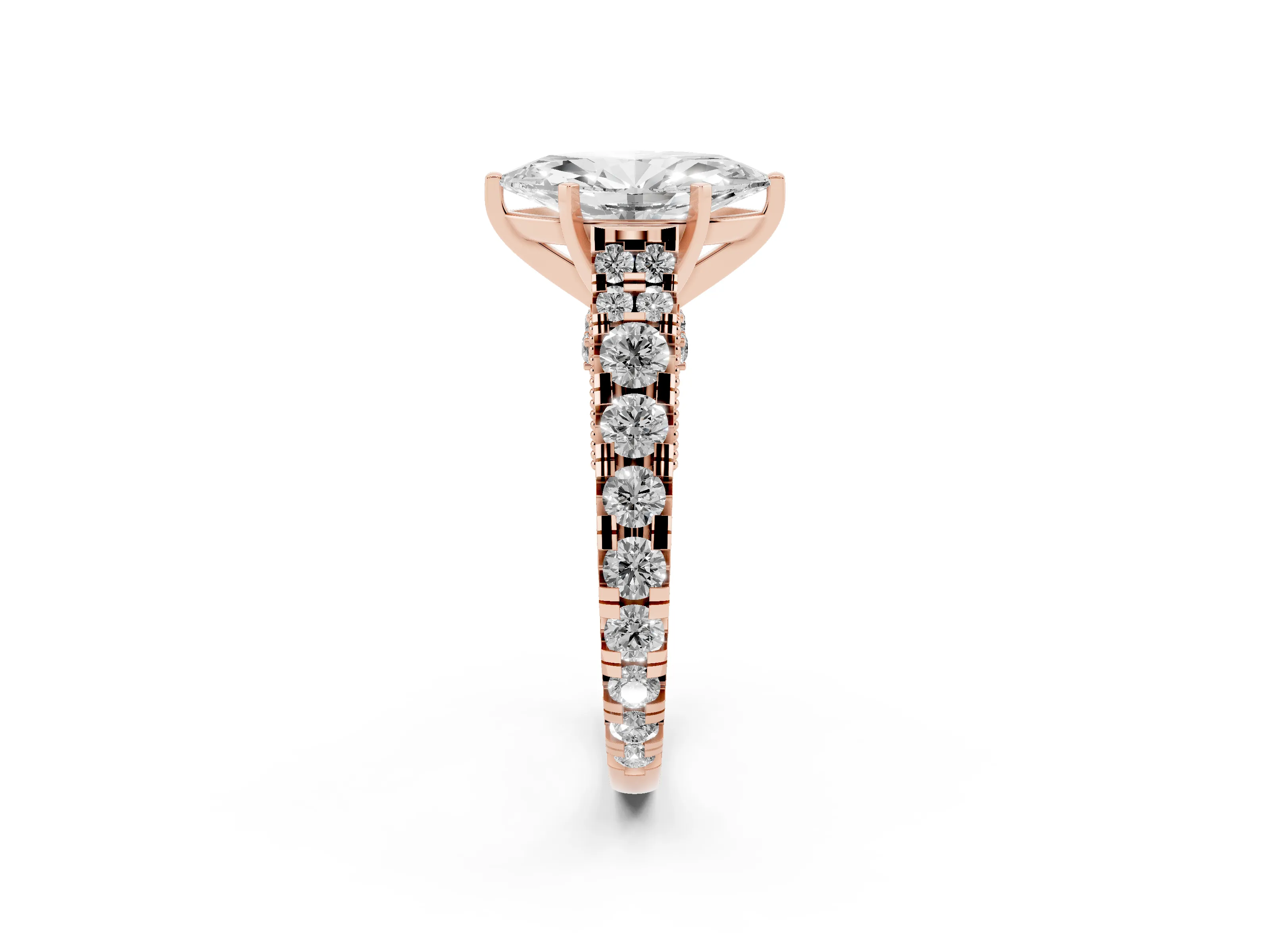 Marquise Cut Diamond Classic Solitaire Ring Set in Rose gold with Pavé Band and Prong Setting