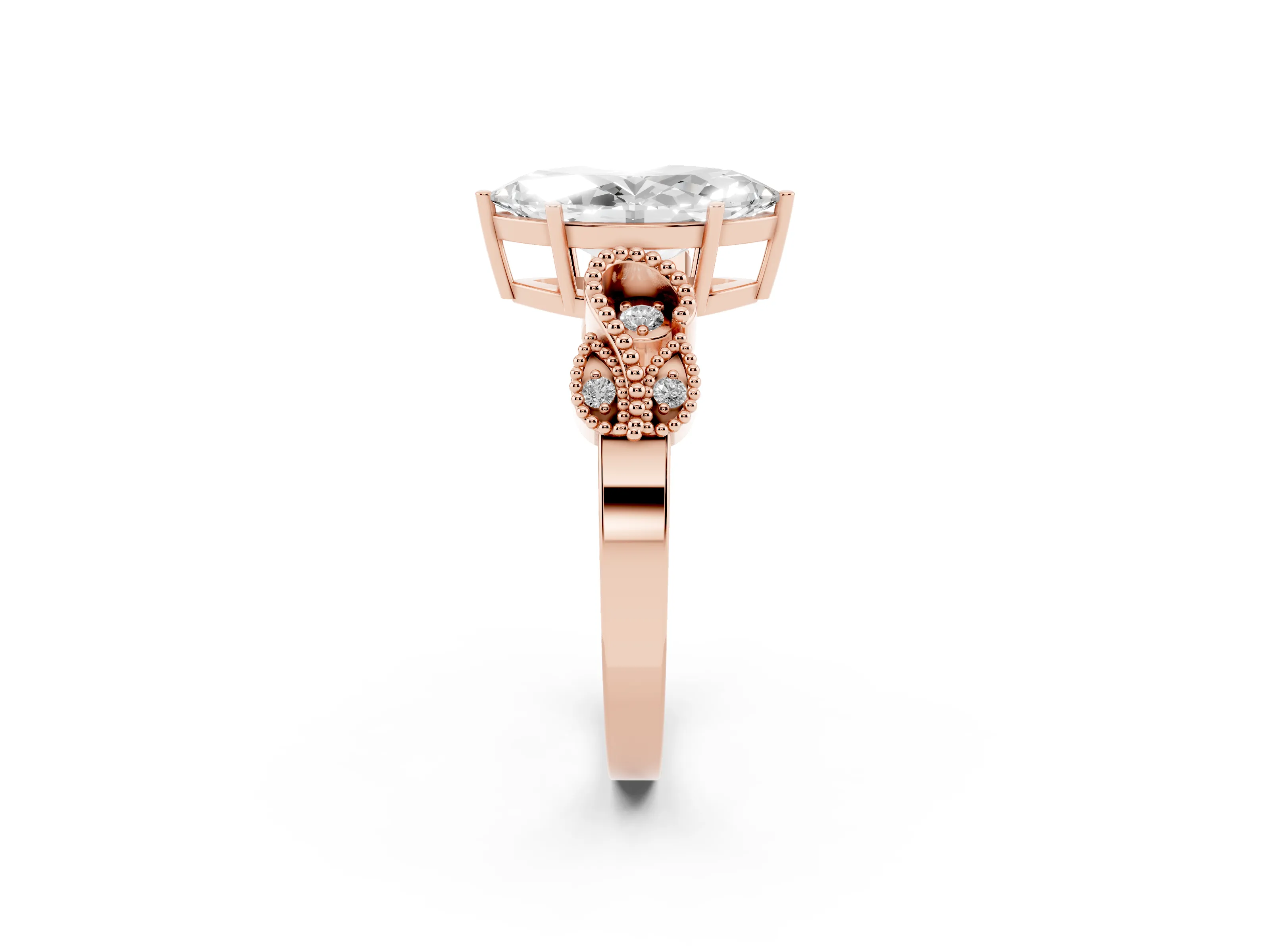 Marquise Cut Diamond Milgrain Leaf Band Solitaire Ring Set in Rose gold with Accent Stones and Prong Setting