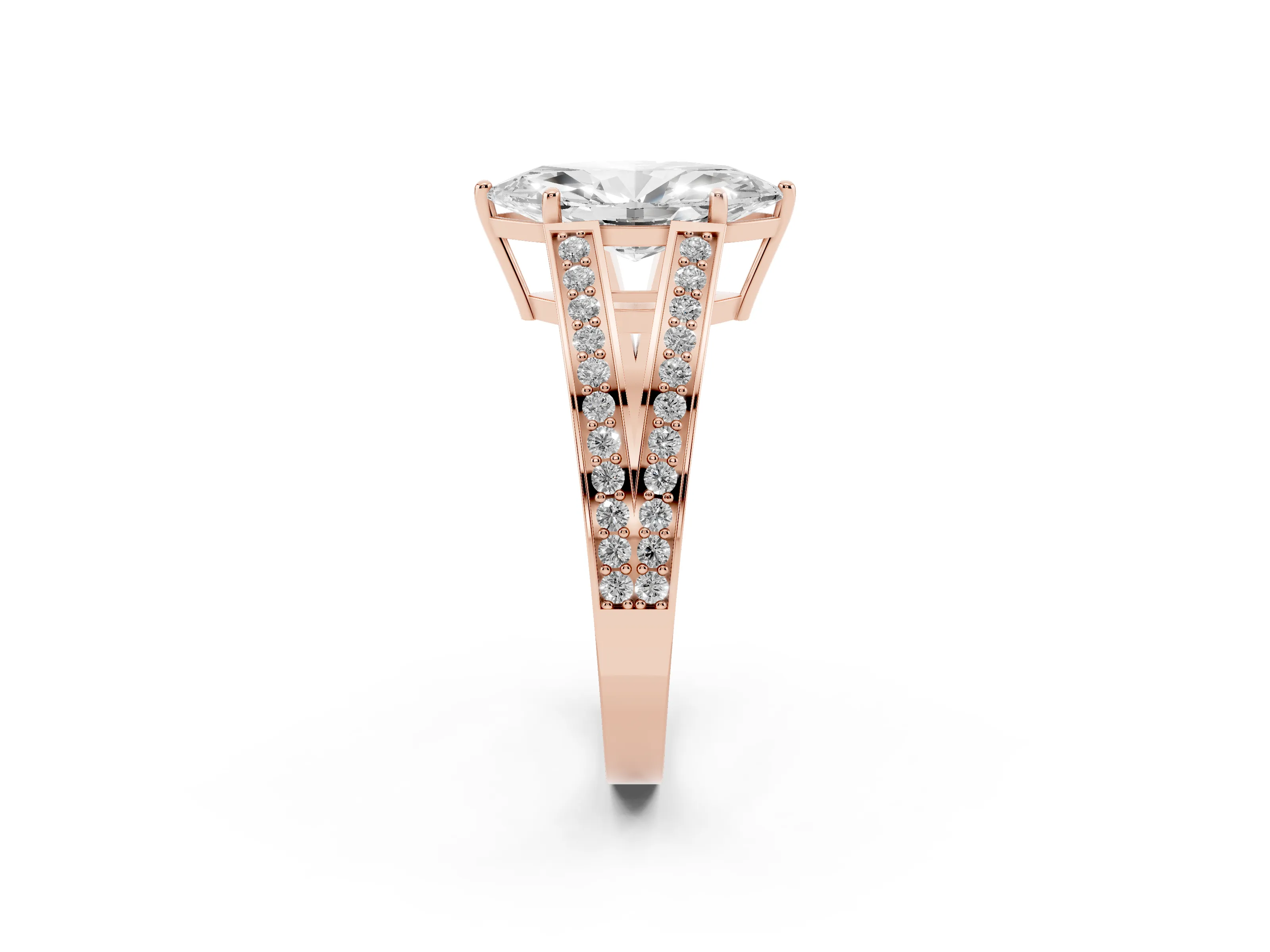 Marquise Cut Diamond Split Shank Ring Set in Rose gold with Pavé Band and Prong Setting