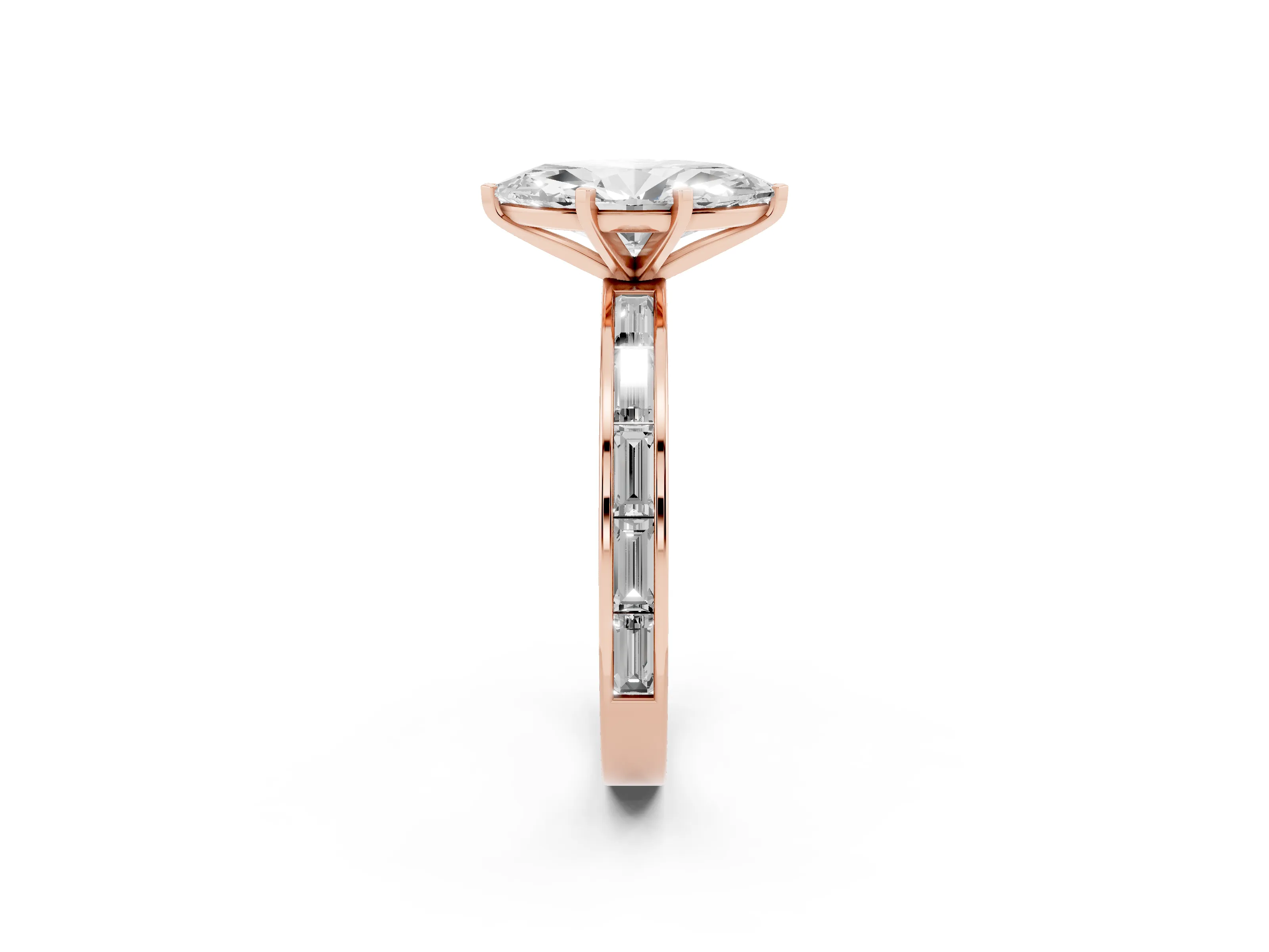 Marquise Cut Diamond Solitaire Ring Set in Rose gold with Channel-Set Baguette Band and Prong Setting