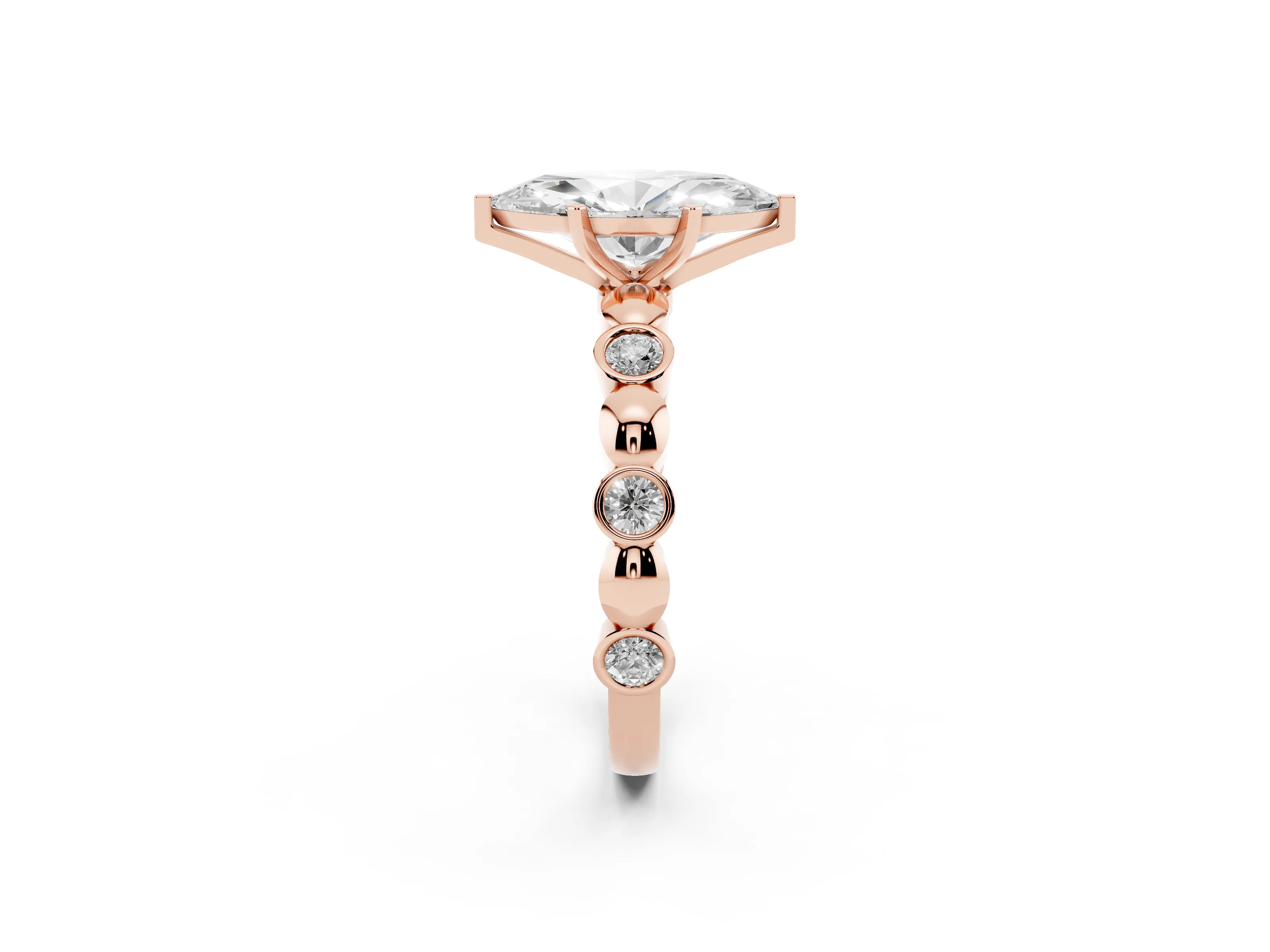 Marquise Cut Diamond Solitaire Ring Set in Rose gold with Bezel-Set Accents on Beaded Band and Prong Setting
