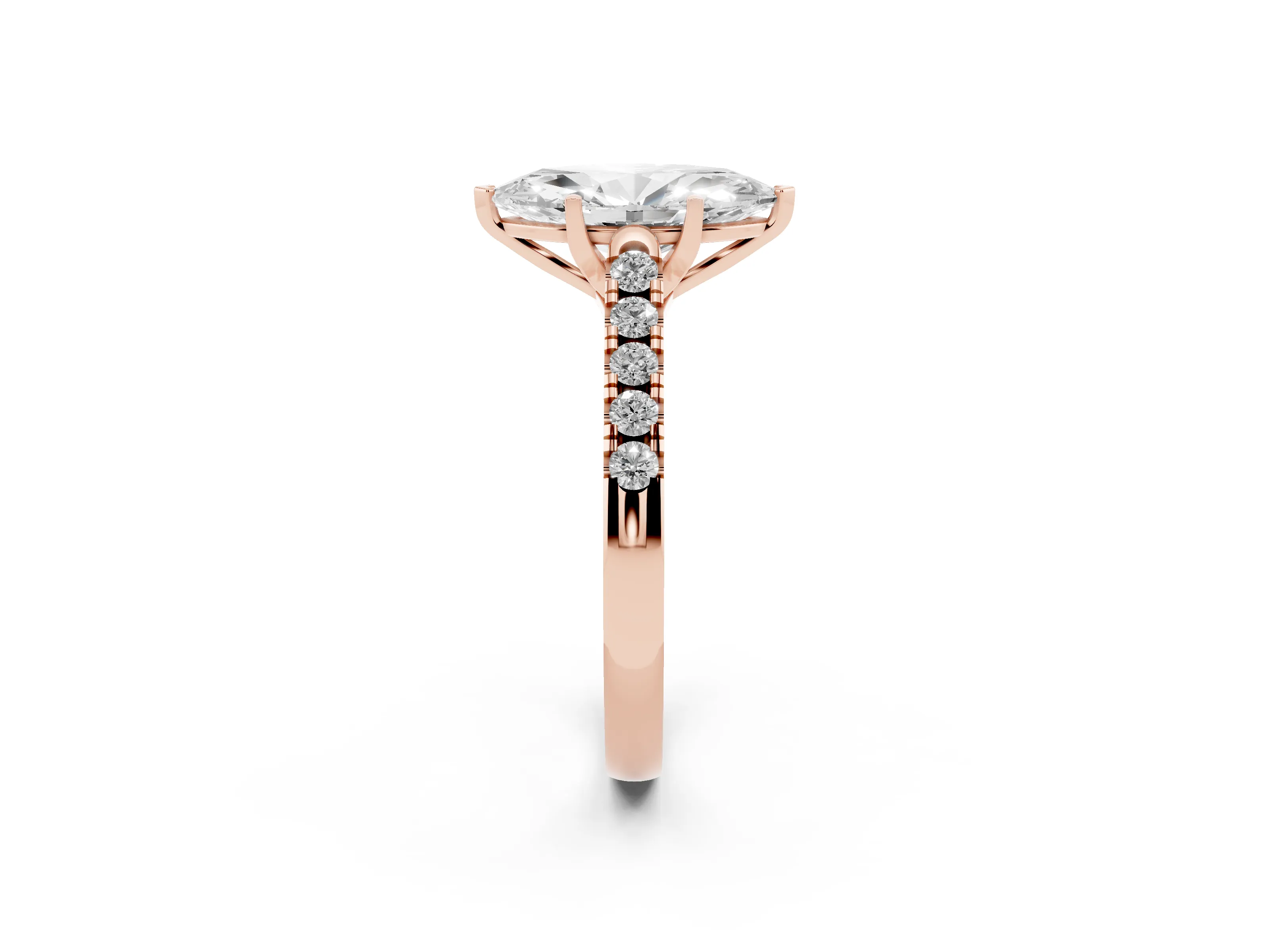 Marquise Cut Diamond Pavé Band Solitaire Ring Set in Rose gold with Partway Accent Stones and Prong Setting