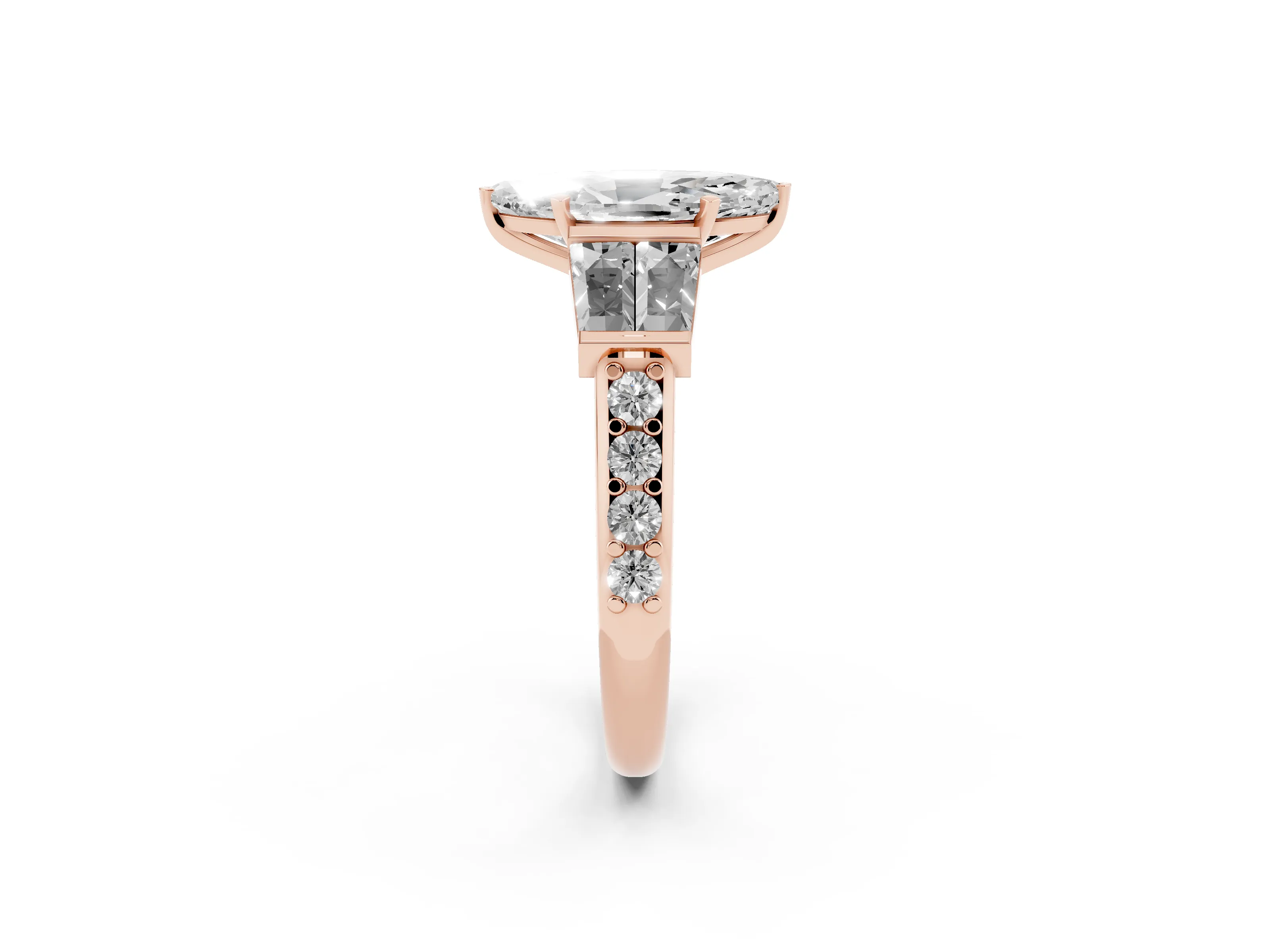 Marquise Cut Diamond Engagement Ring Set in Rose gold with Baguette Side Stones and Channel Set Band