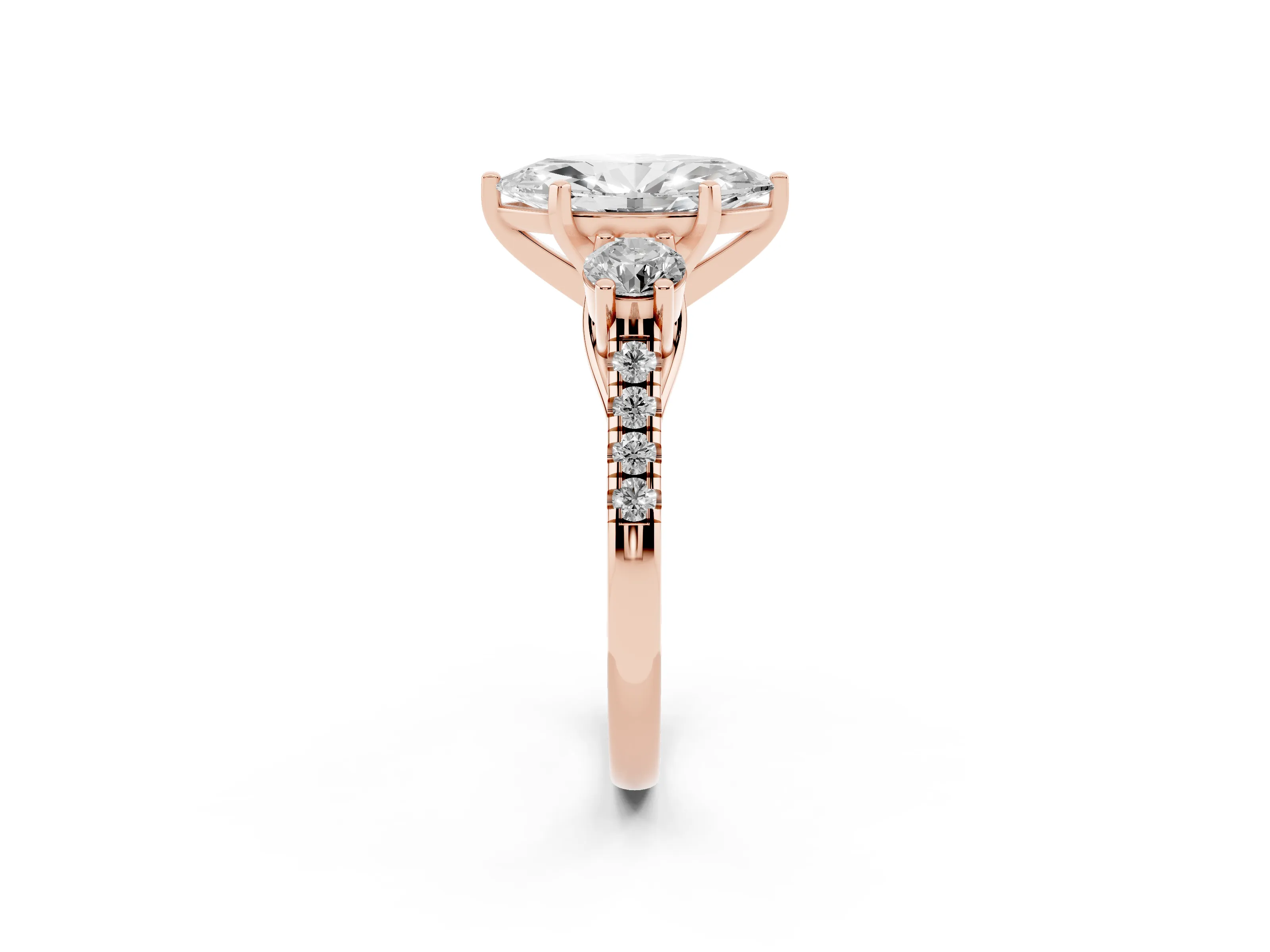 Three-Stone Marquise Cut Diamond Pavé Band Ring Set in Rose gold with Prong-Set Trio