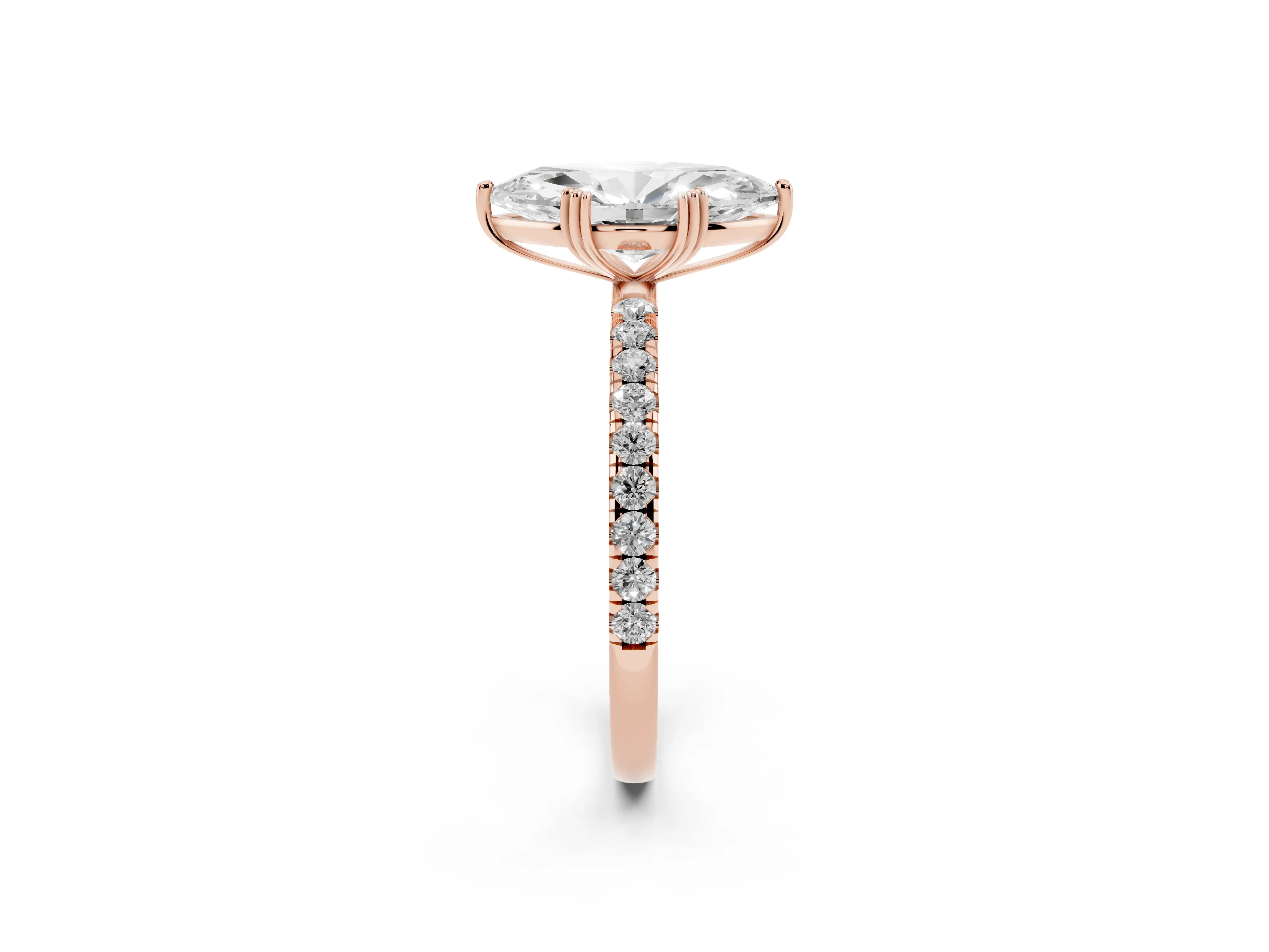 Marquise Cut Diamond Brilliant Solitaire Set in Rose gold with Pavé Band and Claw Prong Setting