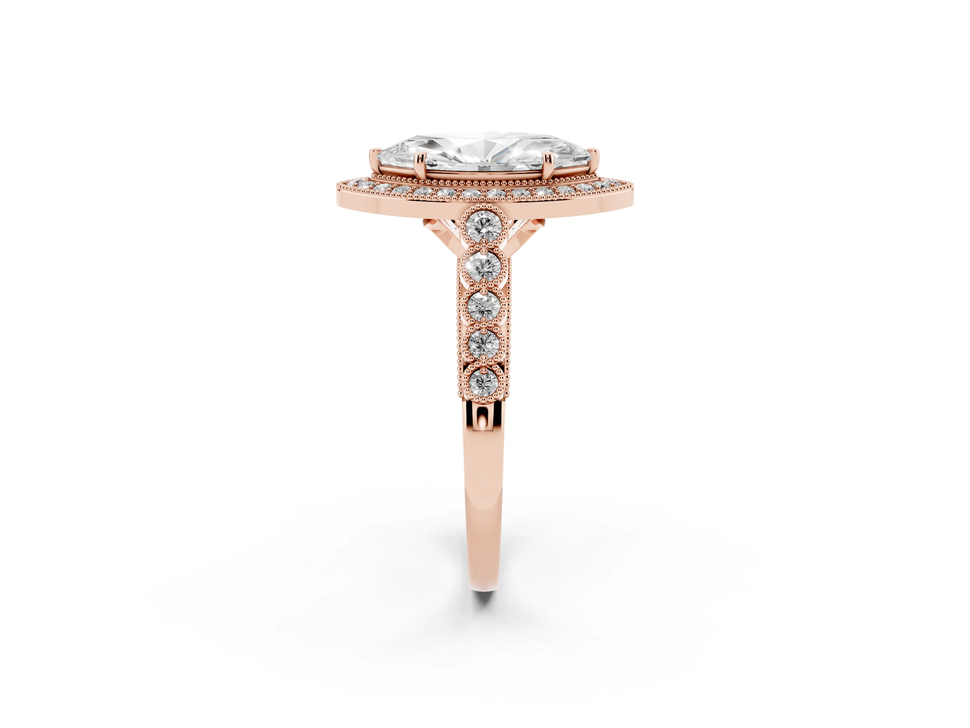 Marquise Cut Diamond Milgrain Halo Solitaire Ring Set in Rose gold with Bezel Set Side Stones and Pavé Band