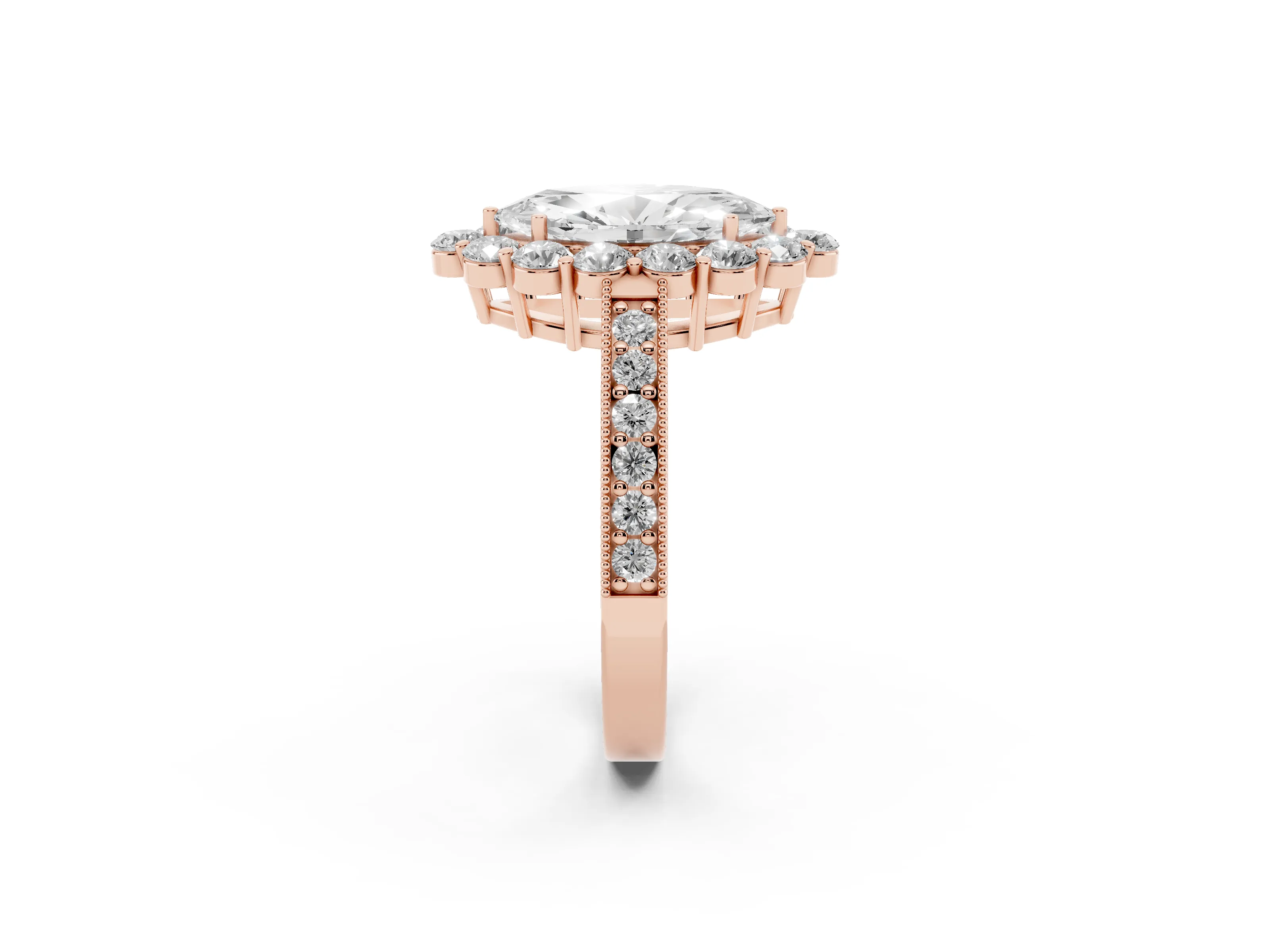 Marquise Cut Diamond Halo Pavé Engagement Ring Set in Rose gold with Milgrain Detailing
