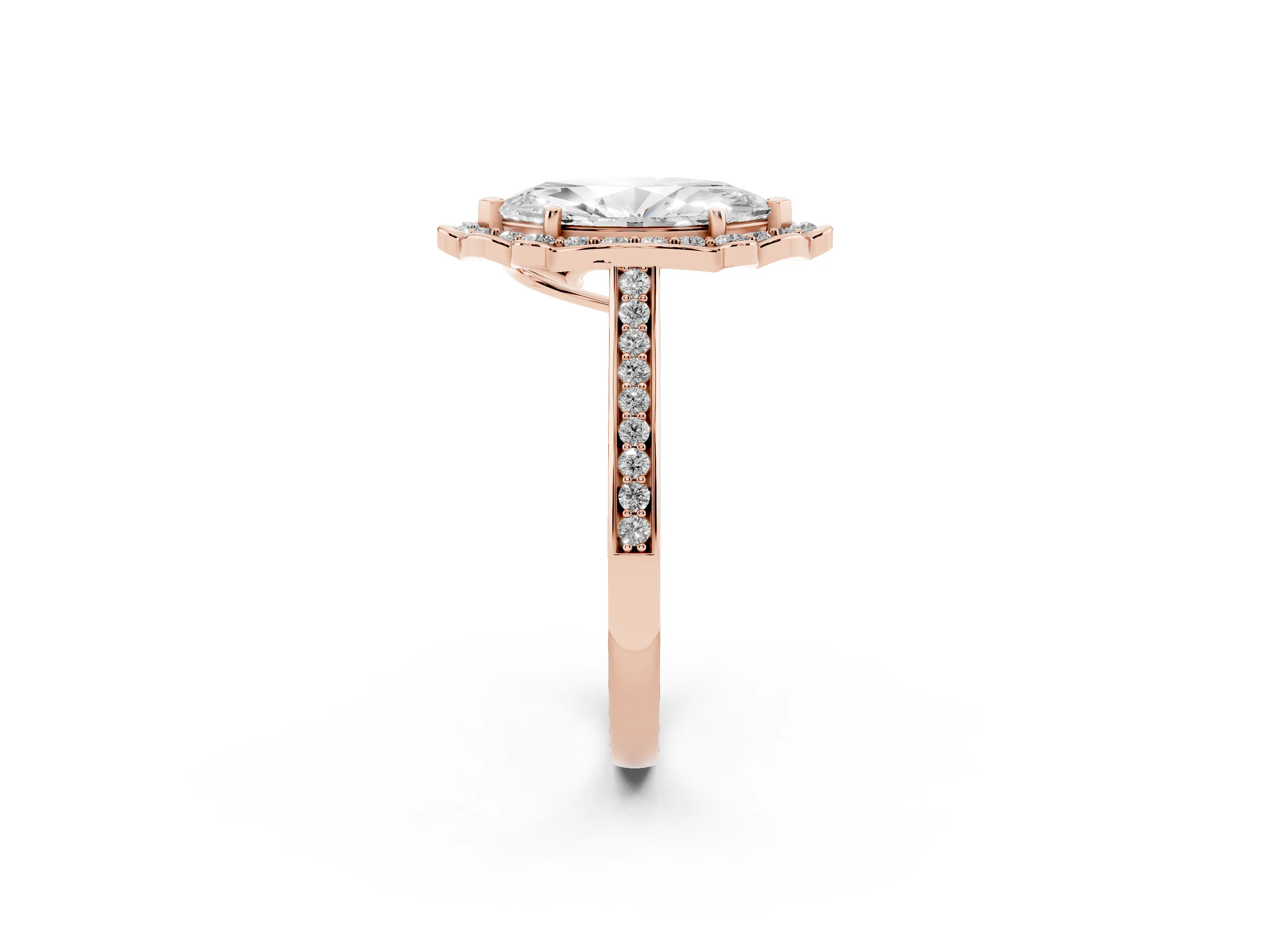 Marquise Cut Diamond Halo Ring Set in Rose gold with Pavé-Lined Shoulders and Prong Setting
