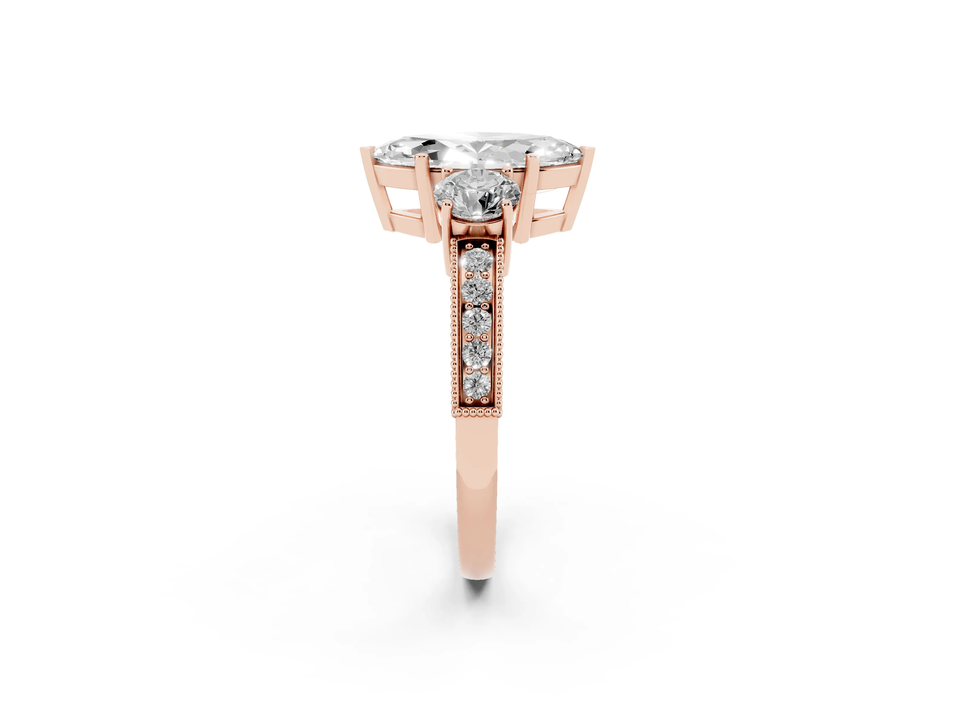 Marquise Cut Diamond Three-Stone Ring Set in Rose gold with Round Side Stones and Pavé Band