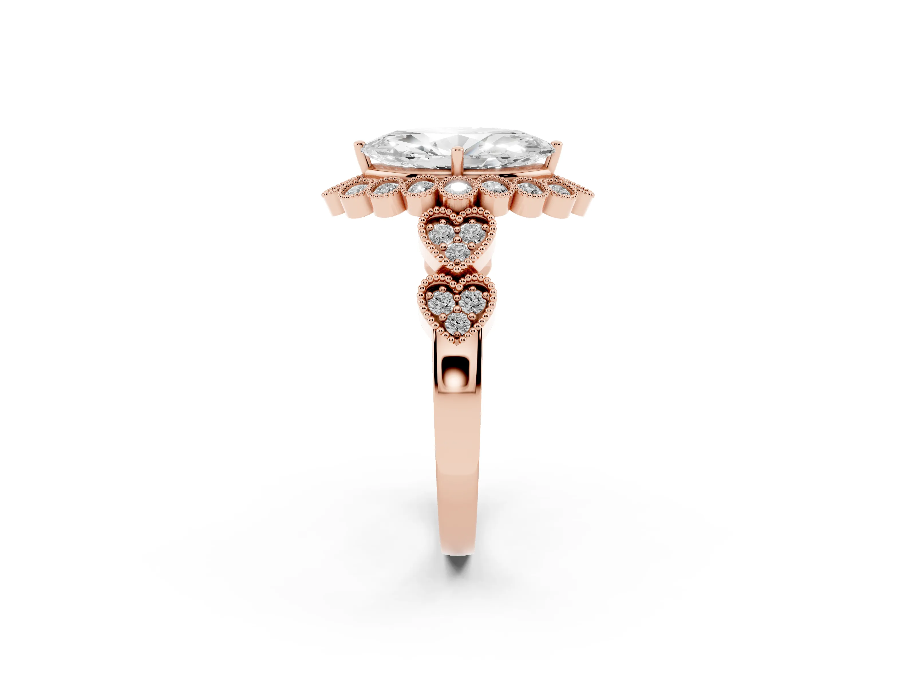 Marquise Cut Diamond Solitaire Ring Set in Rose gold with Milgrain Pavé Heart Band