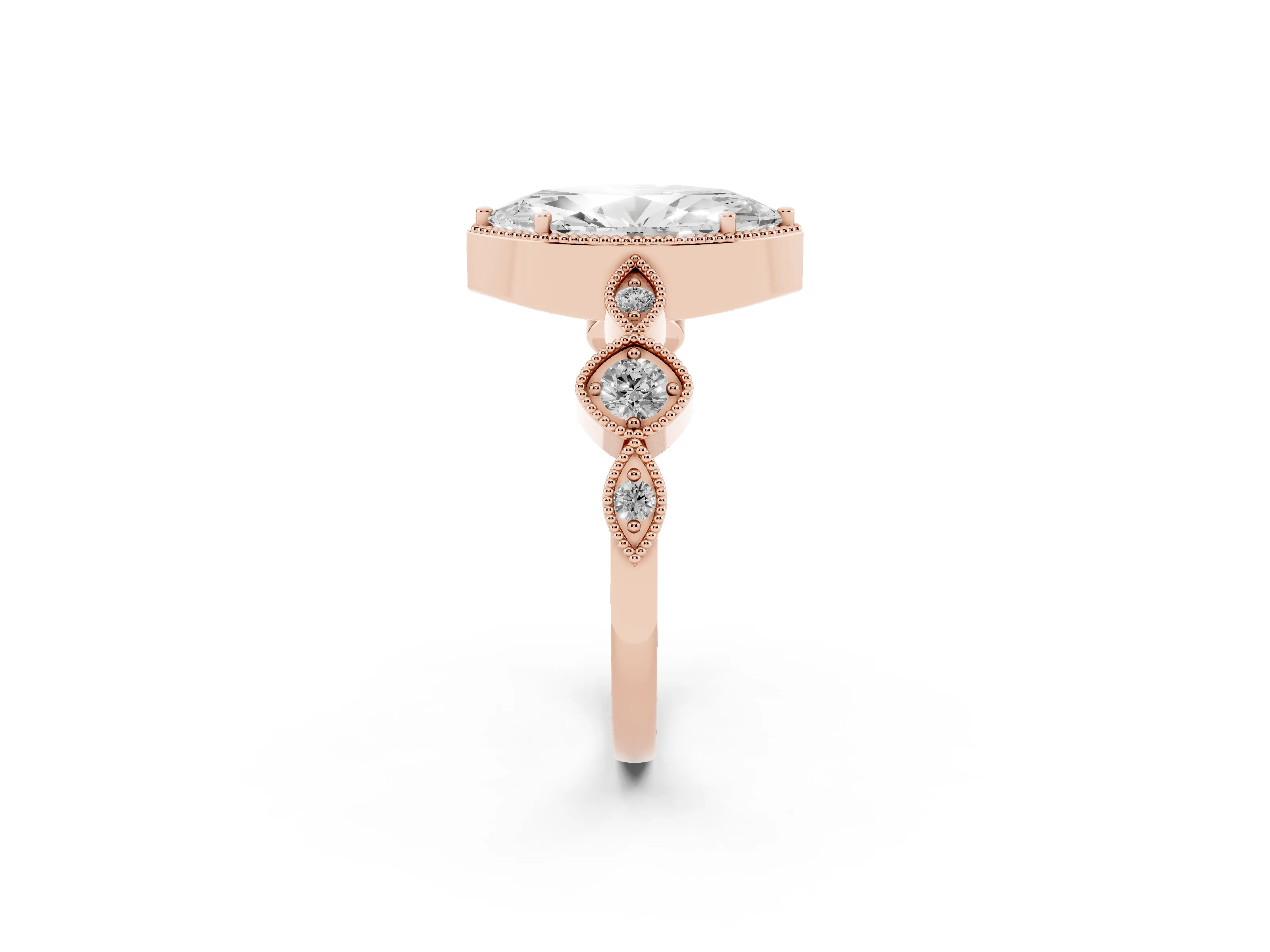 Marquise Cut Diamond Vintage-Inspired Milgrain Ring Set in Rose gold with Marquise Stations of Round Accents