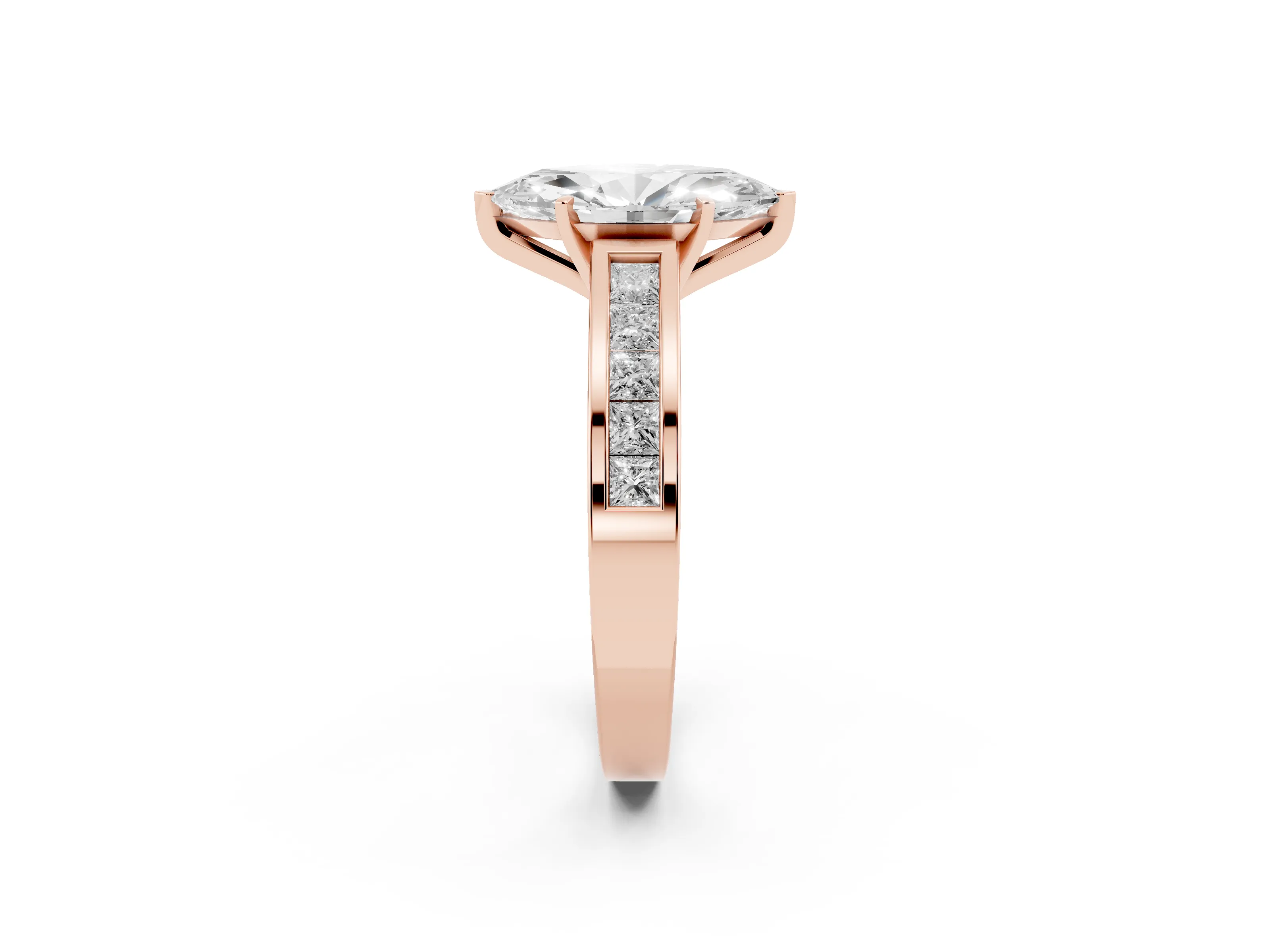 Marquise Cut Diamond Solitaire Ring Set in Rose gold with Channel-Set Band and Prong Setting
