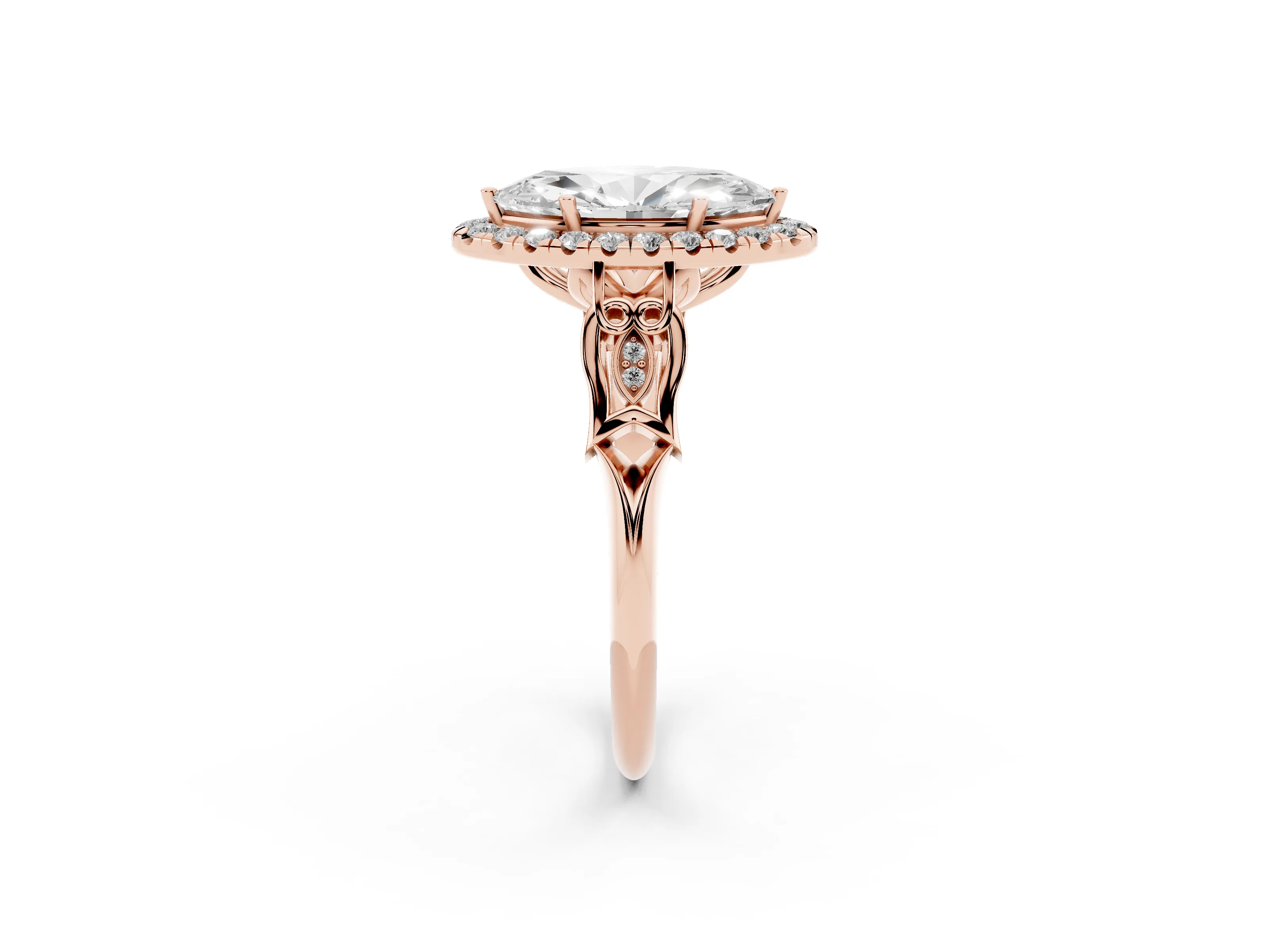Marquise Cut Diamond Halo Engagement Ring Set in Rose gold with Filigree Band and Prong-Set Center