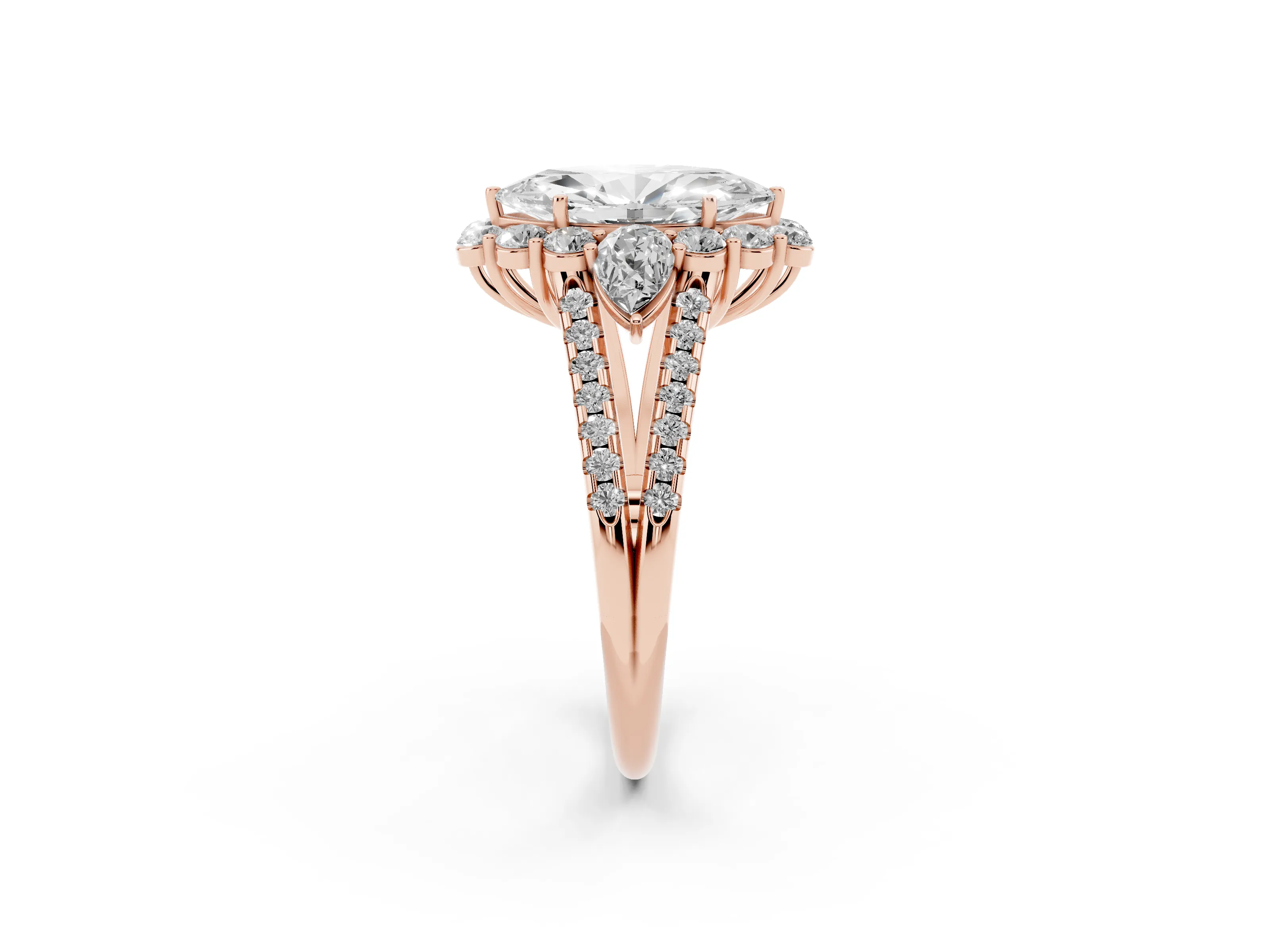 Marquise Cut Diamond Halo Split Shank Engagement Ring Set in Rose gold with Prong-Held Center Stone