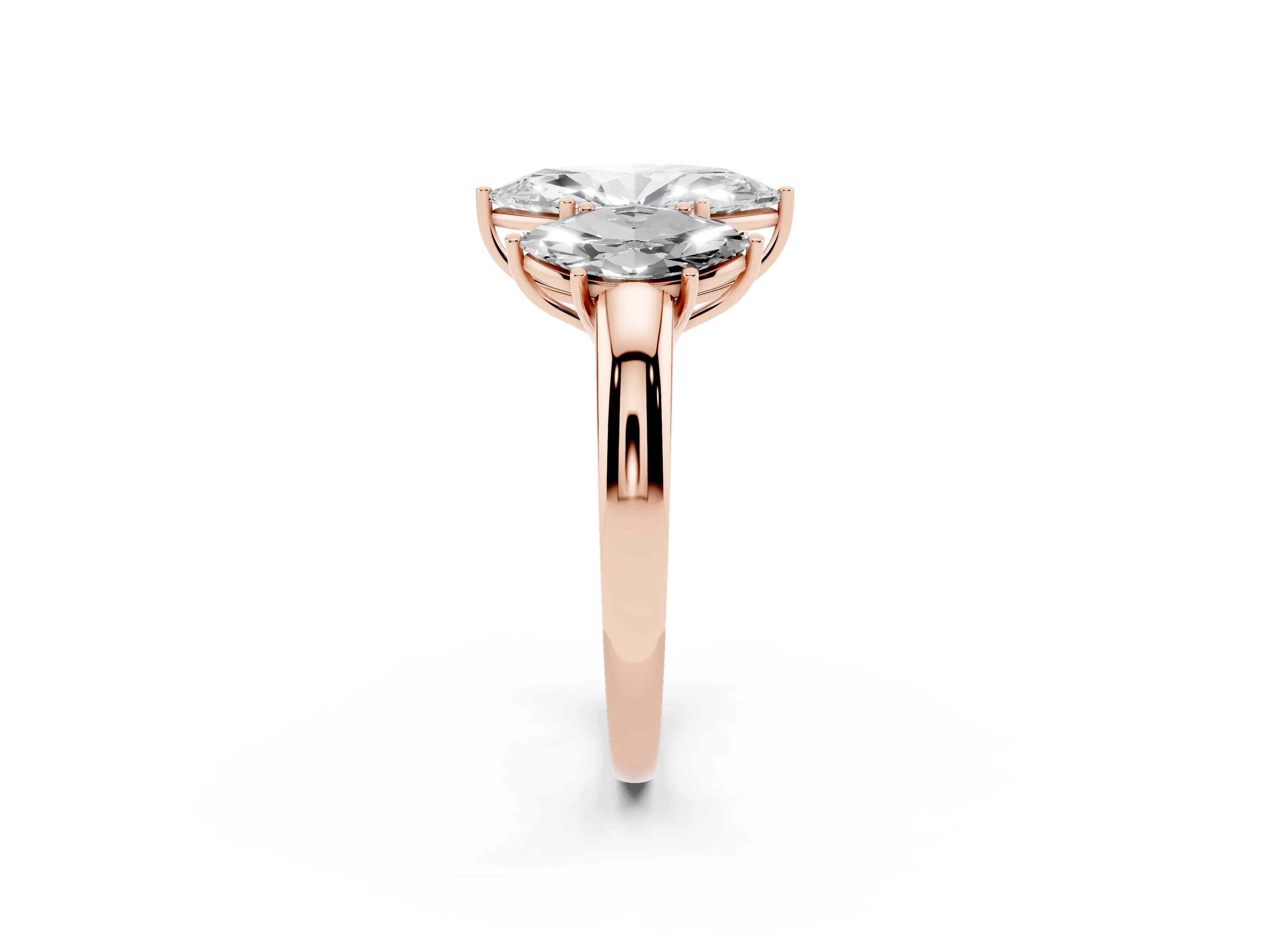 Marquise Cut Diamond Three-Stone Ring Set in Rose gold with Bold Center and Classic Band
