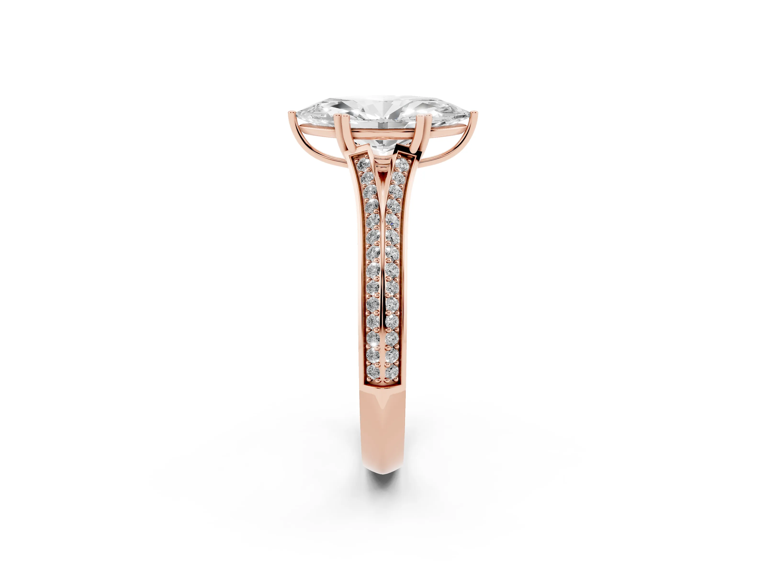 Marquise Cut Diamond Split Shank Pavé Engagement Ring Set in Rose gold with Prong-Set Center Stone