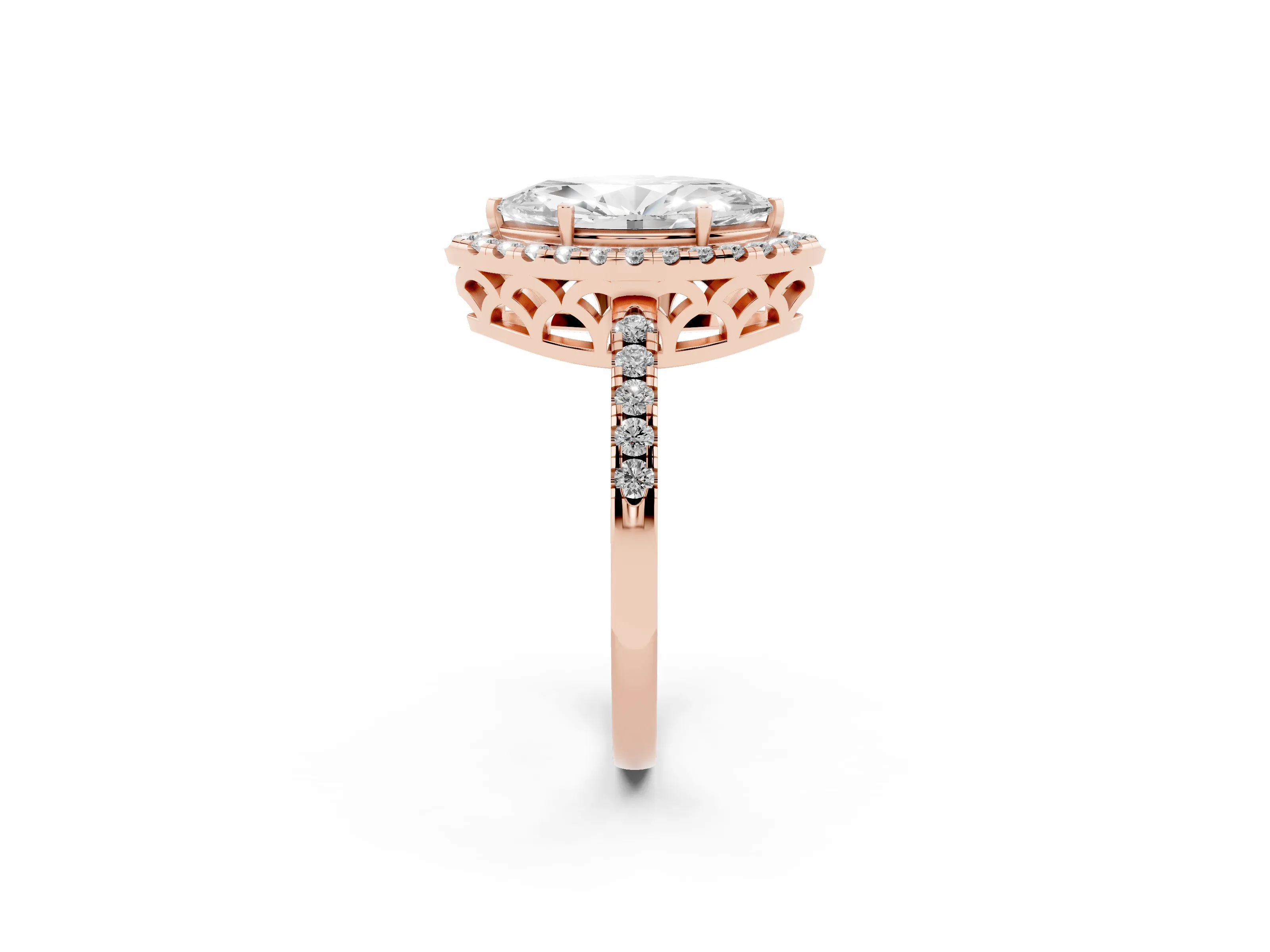 Marquise Cut Diamond Pavé Band Halo Engagement Ring Set in Rose gold with Prong Setting
