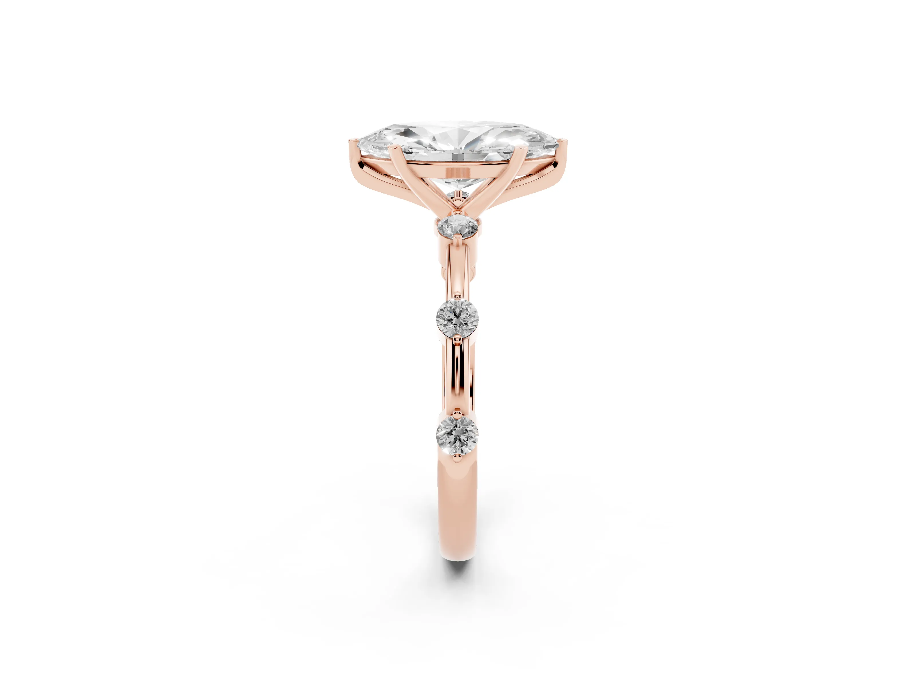 Marquise Cut Diamond Solitaire Ring Set in Rose gold with Bezel Set Side Stones and Prong Setting