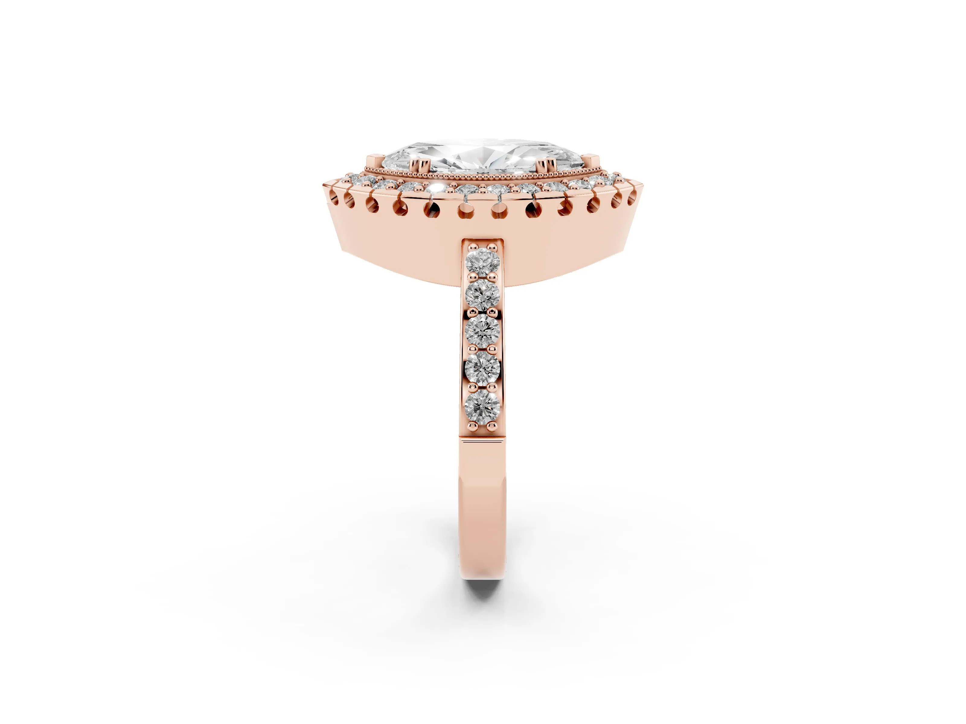 Marquise Cut Diamond Halo Ring Set in Rose gold with Pavé Shank and Prong Setting