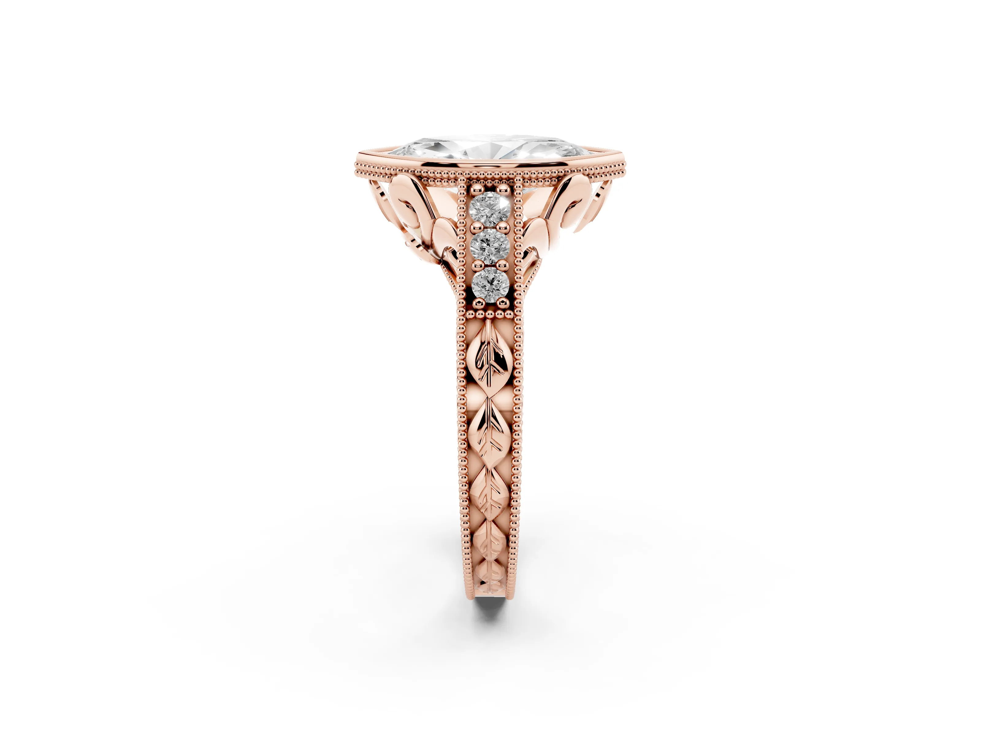 Bezel Set Marquise Cut Diamond Milgrain Pavé Engagement Ring Set in Rose gold