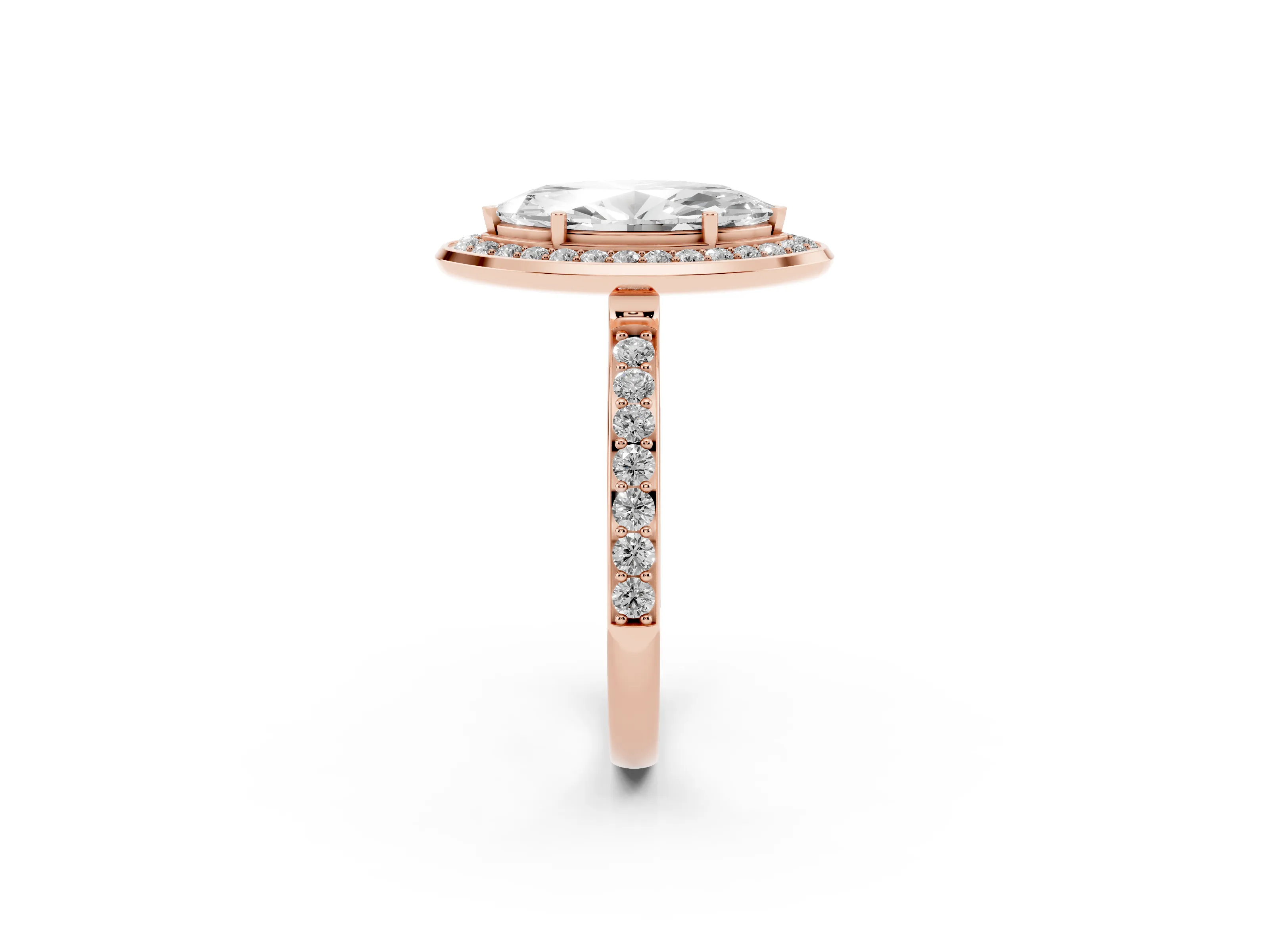 Marquise Cut Diamond Halo Ring Set in Rose gold with Bezel Frame and Pavé Band