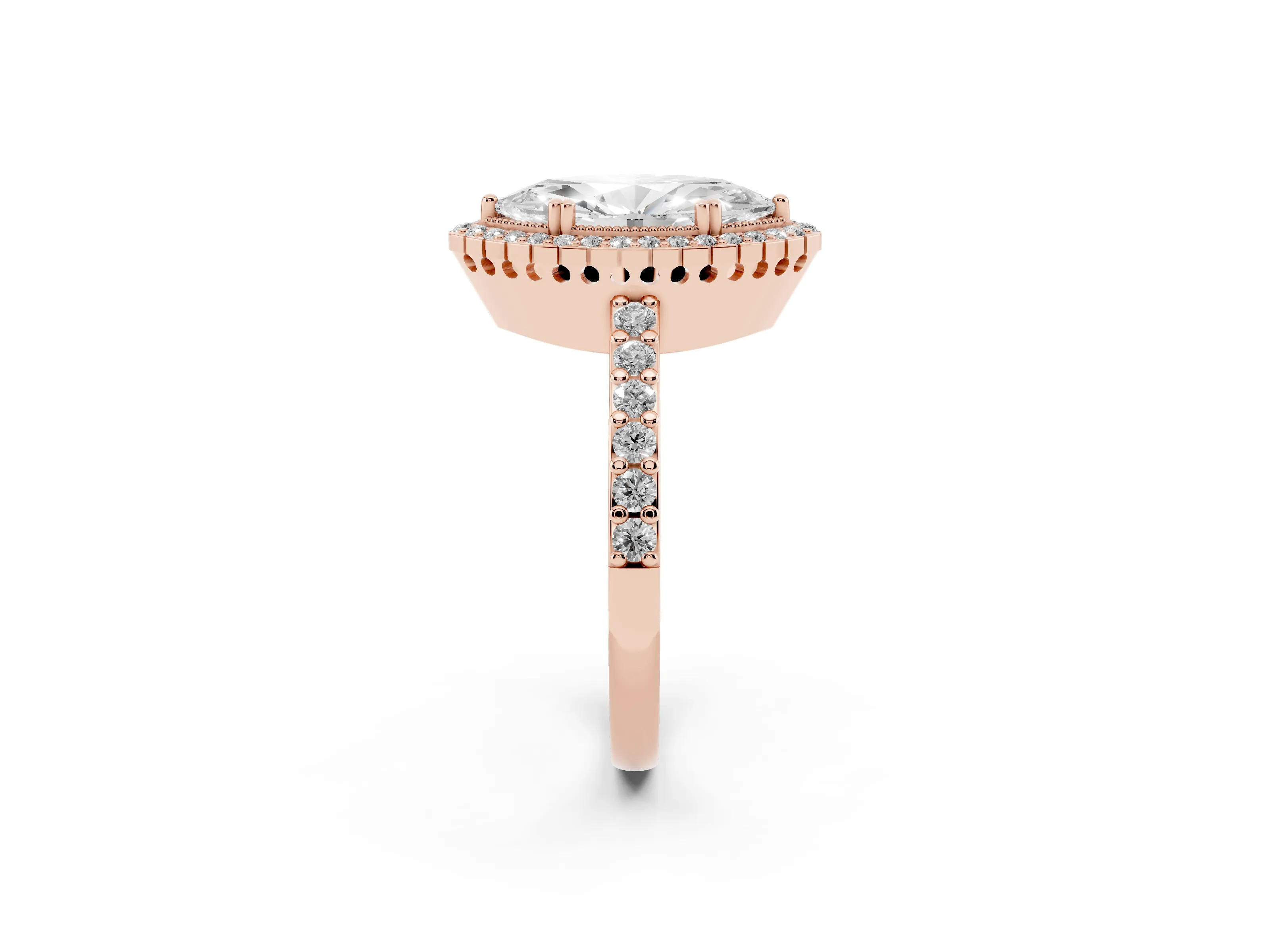 Marquise Cut Diamond Halo Engagement Ring Set in Rose gold with Milgrain Detail and Pavé Band