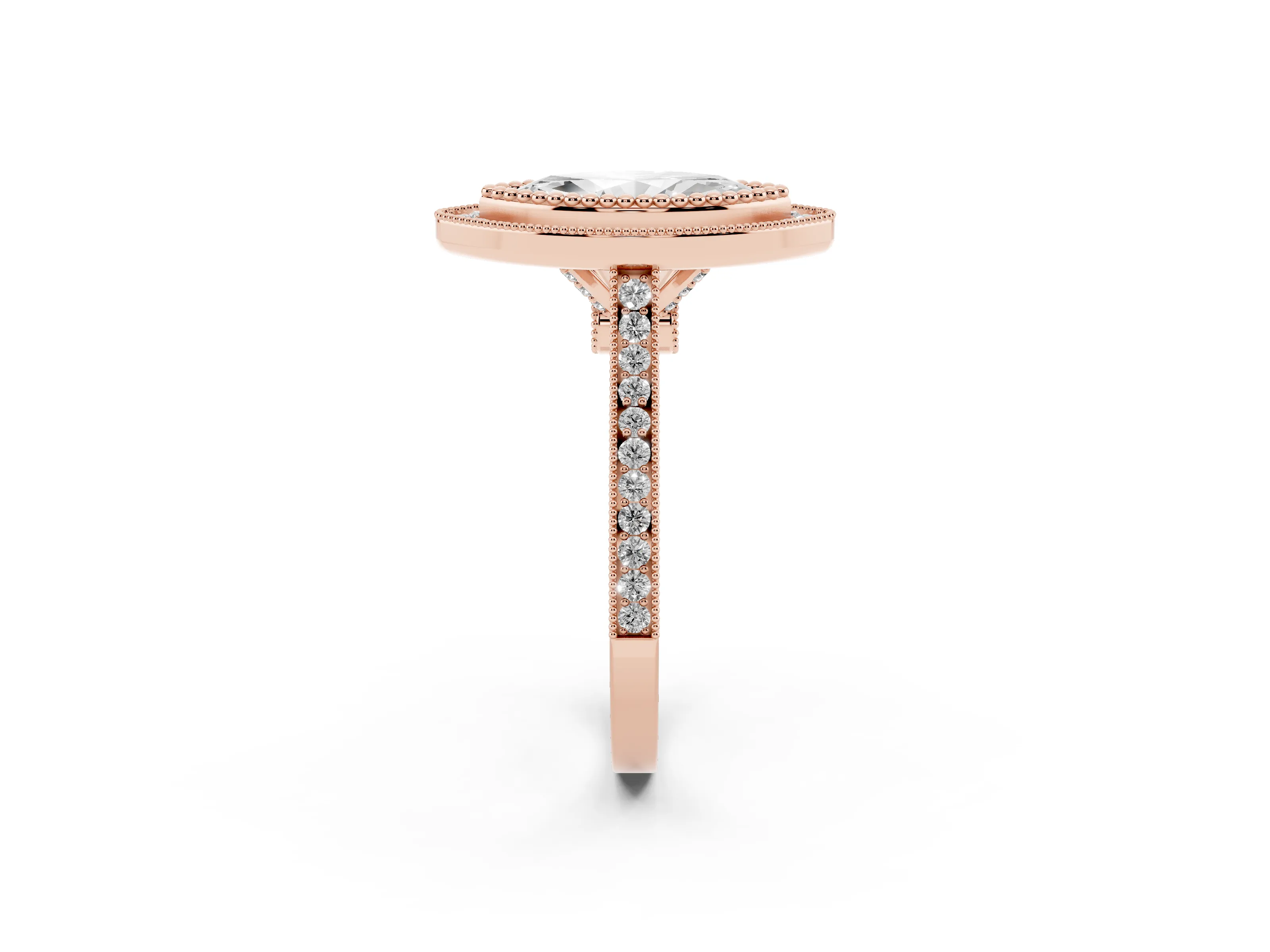 Marquise Cut Diamond Halo Ring Set in Rose gold with Milgrain Frame and Pavé Band