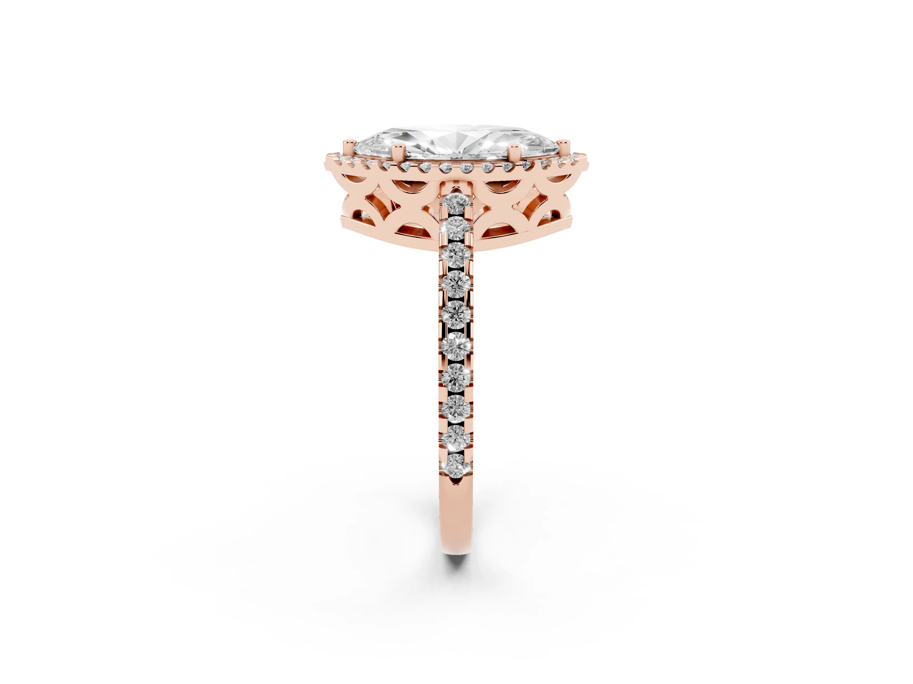Marquise Cut Diamond Halo Ring Set in Rose gold with Pavé Shoulders and Halo-Framed Center