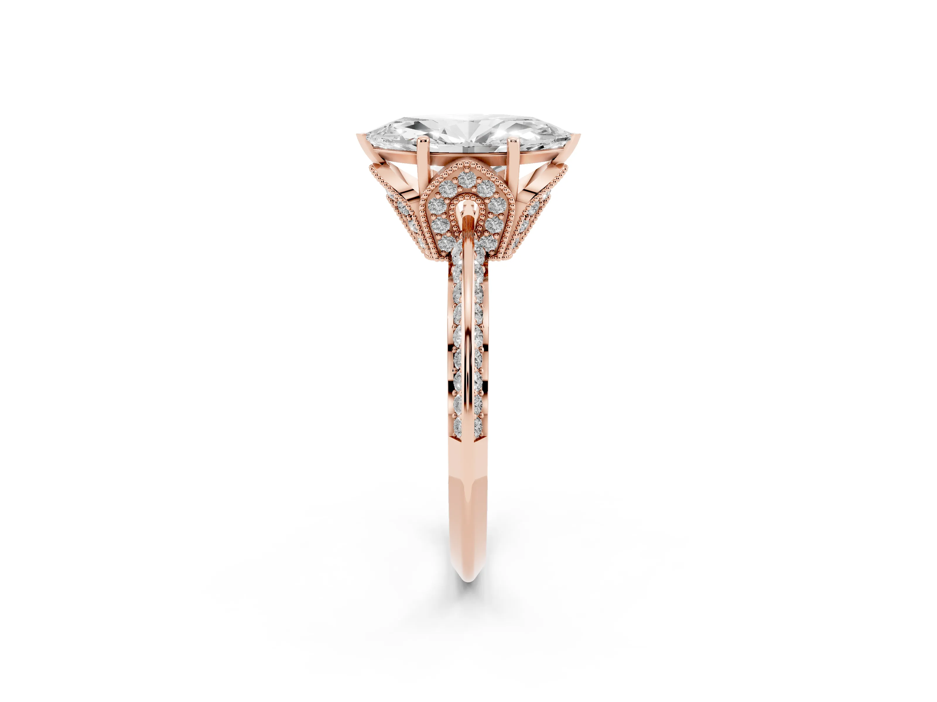 Marquise Cut Diamond Solitaire Engagement Ring Set in Rose gold with Pavé Split Shank and Prong Setting